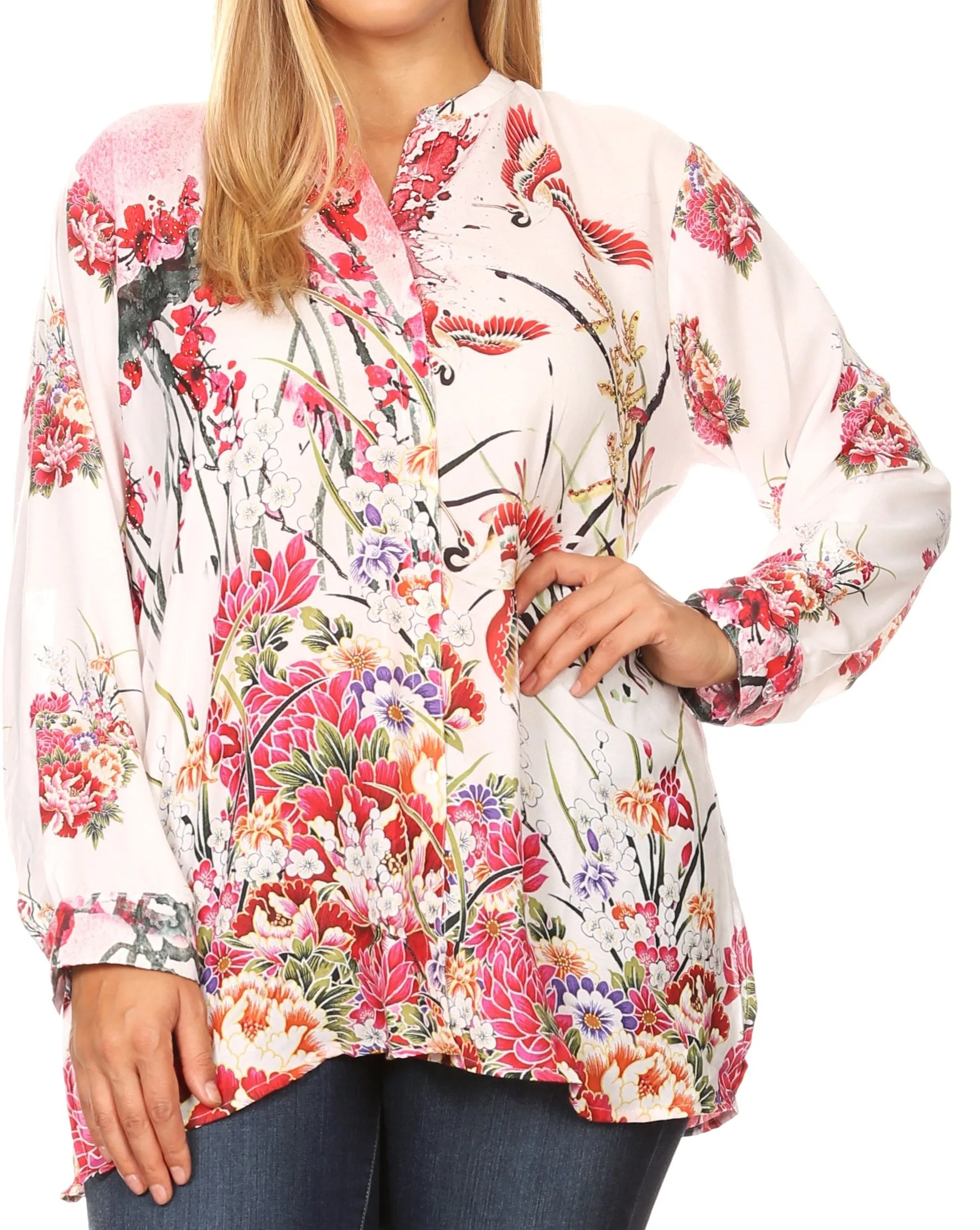 Sakkas Ditta Women's Casual Loose Long Sleeve Print Button Down Shirt Tunic Blouse