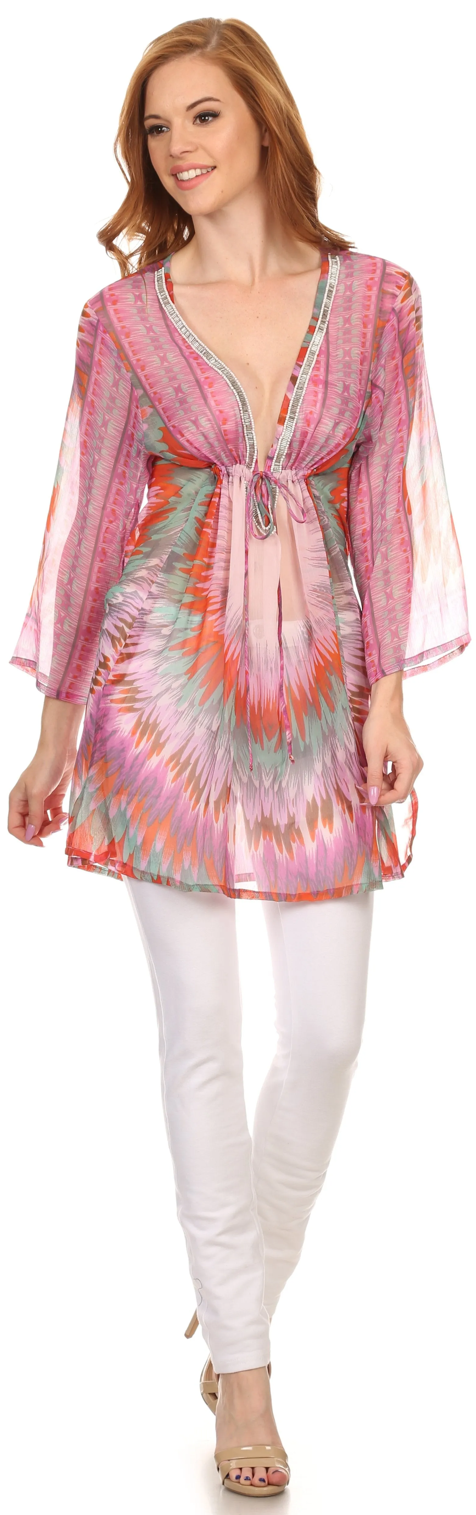 Sakkas Emtha Long Wide 3/4 Sleeve Deep Scoop Neck Printed Beaded Tunic Blouse Top