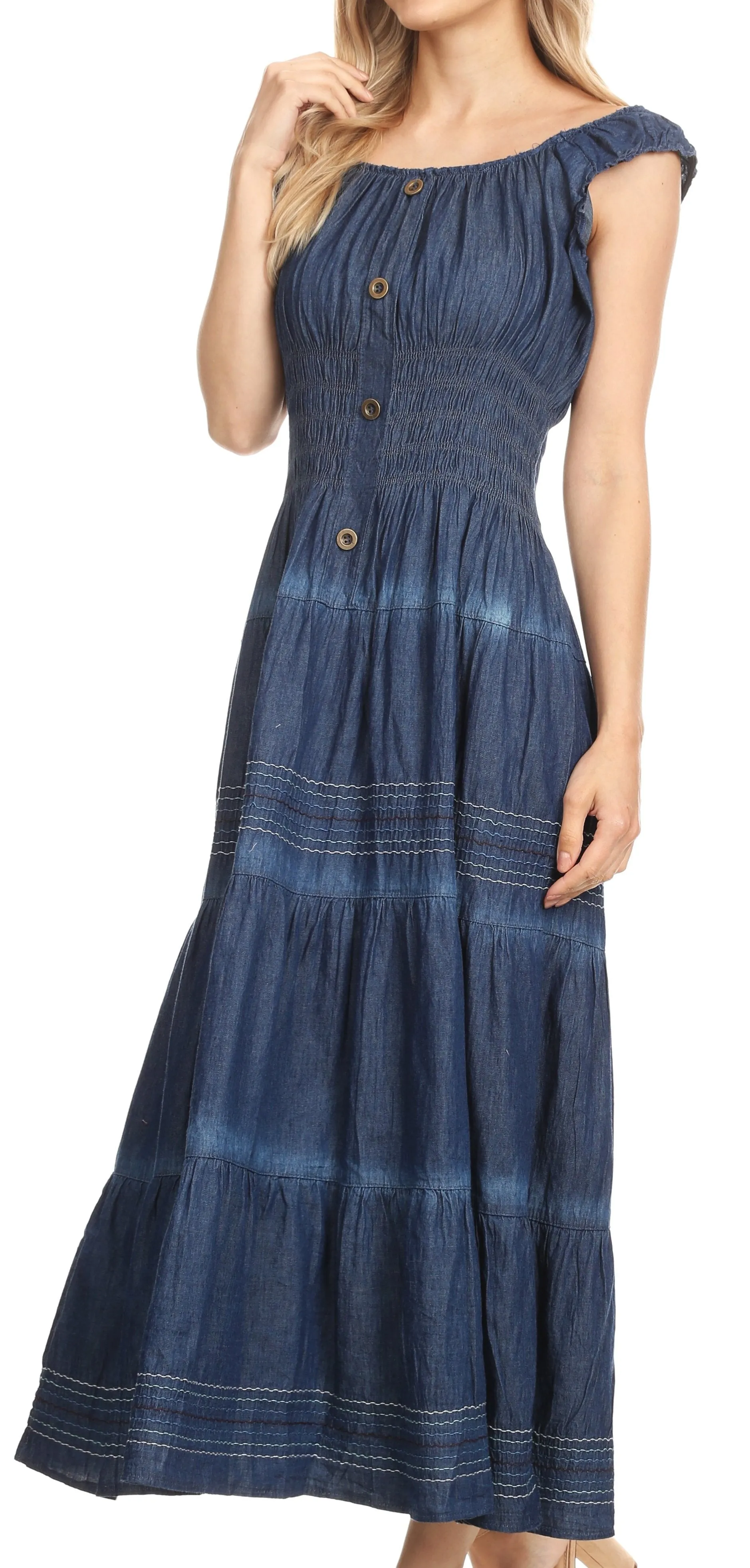 Sakkas Eva Womens Bohemiam Denim Off shoulder Dress Maxi Casual Smock Sundress