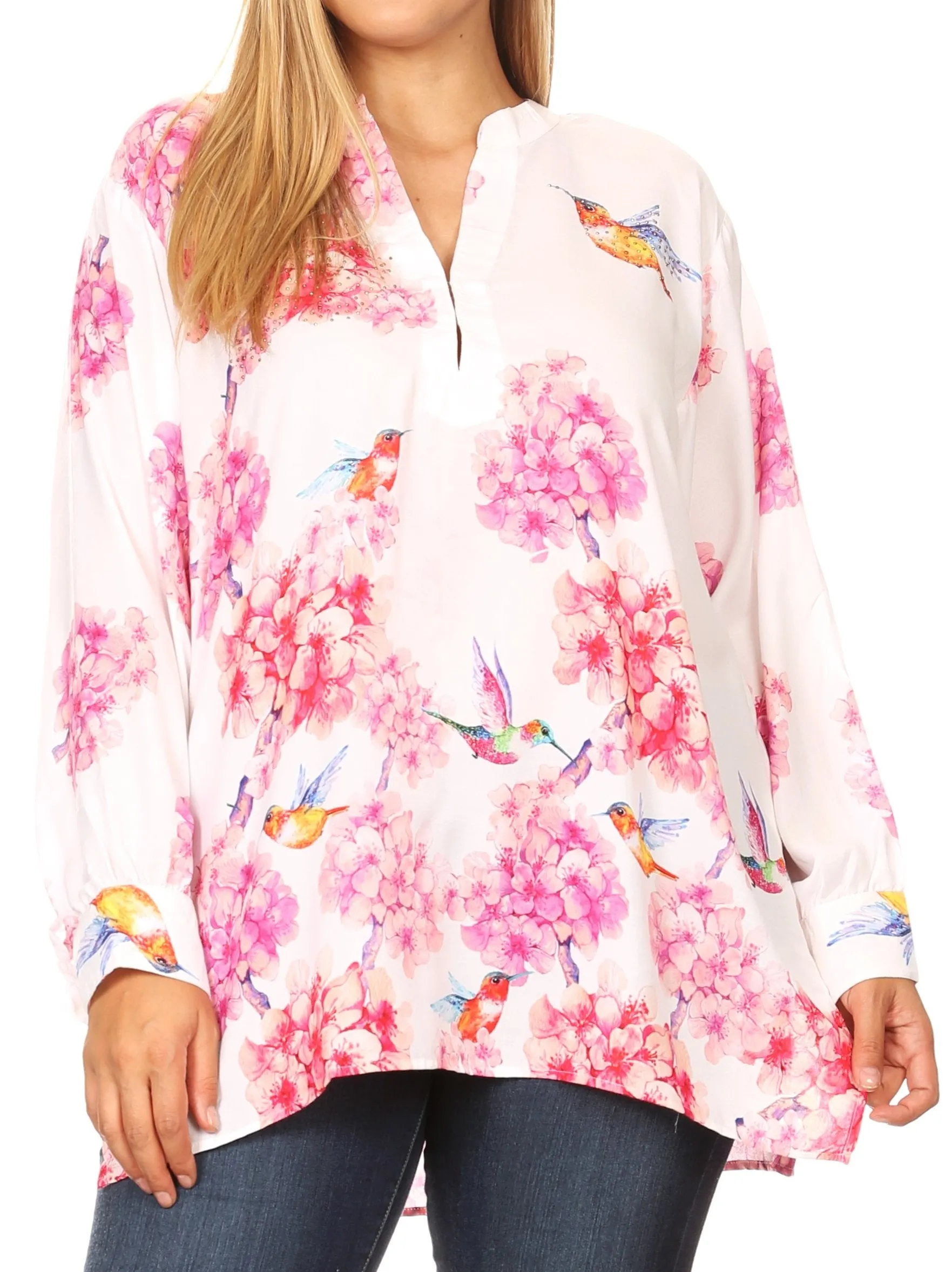 Sakkas Fara Women's Casual Floral Print Lightweight Long Sleeve Blouse Tunic Top