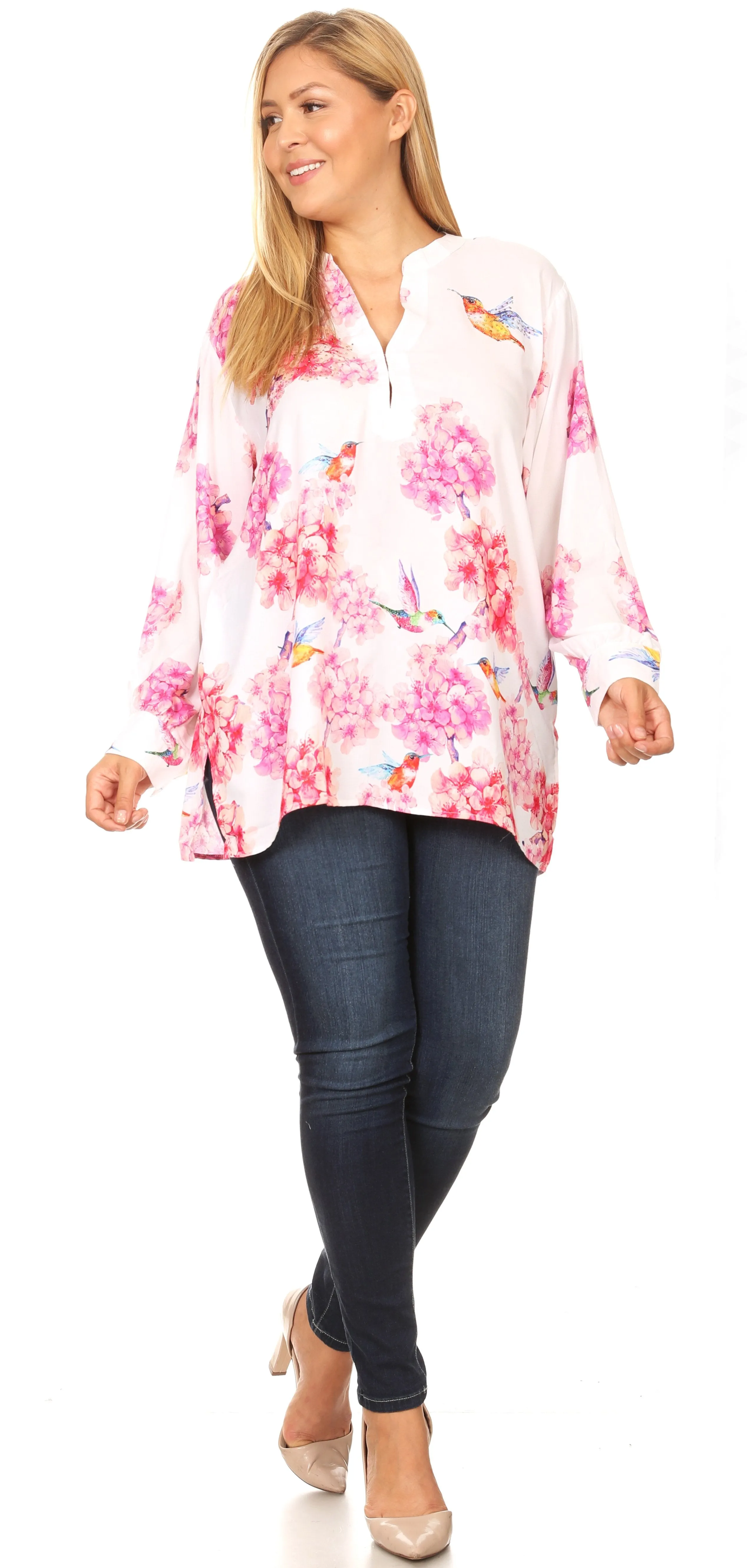 Sakkas Fara Women's Casual Floral Print Lightweight Long Sleeve Blouse Tunic Top