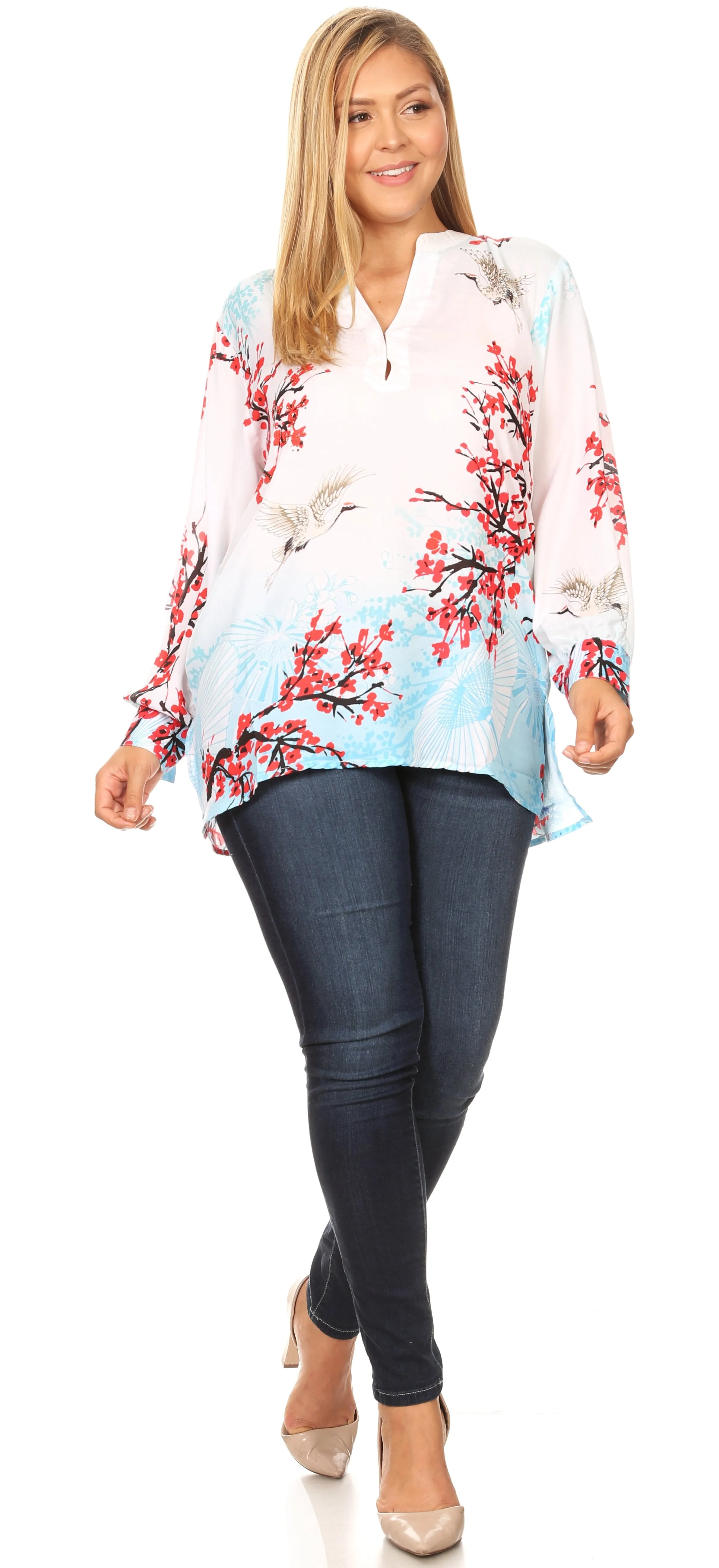 Sakkas Fara Women's Casual Floral Print Lightweight Long Sleeve Blouse Tunic Top