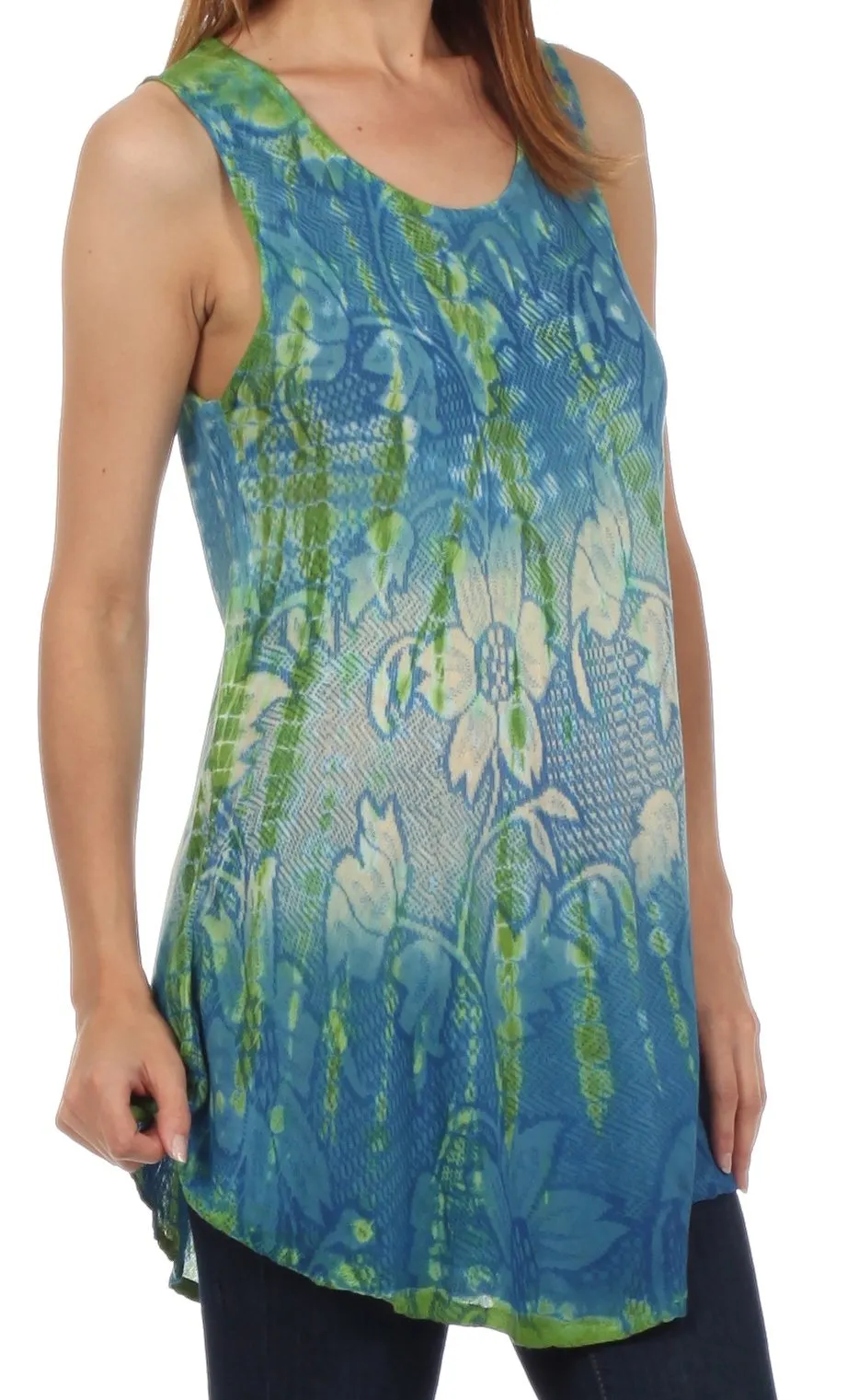 Sakkas Ombre Floral Tie Dye Flared Hem Sleeveless Rayon Tunic Blouse