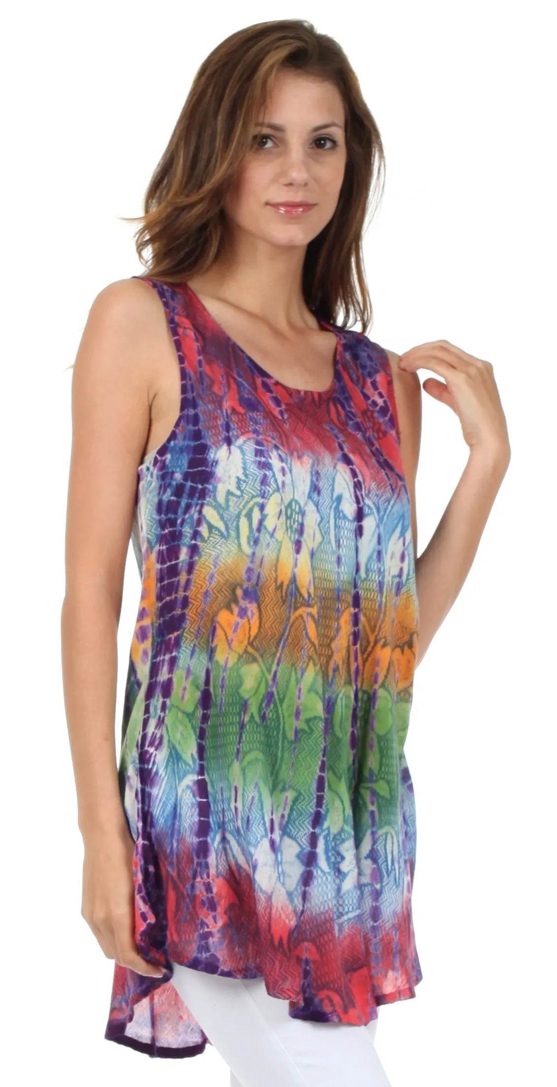 Sakkas Ombre Floral Tie Dye Flared Hem Sleeveless Rayon Tunic Blouse