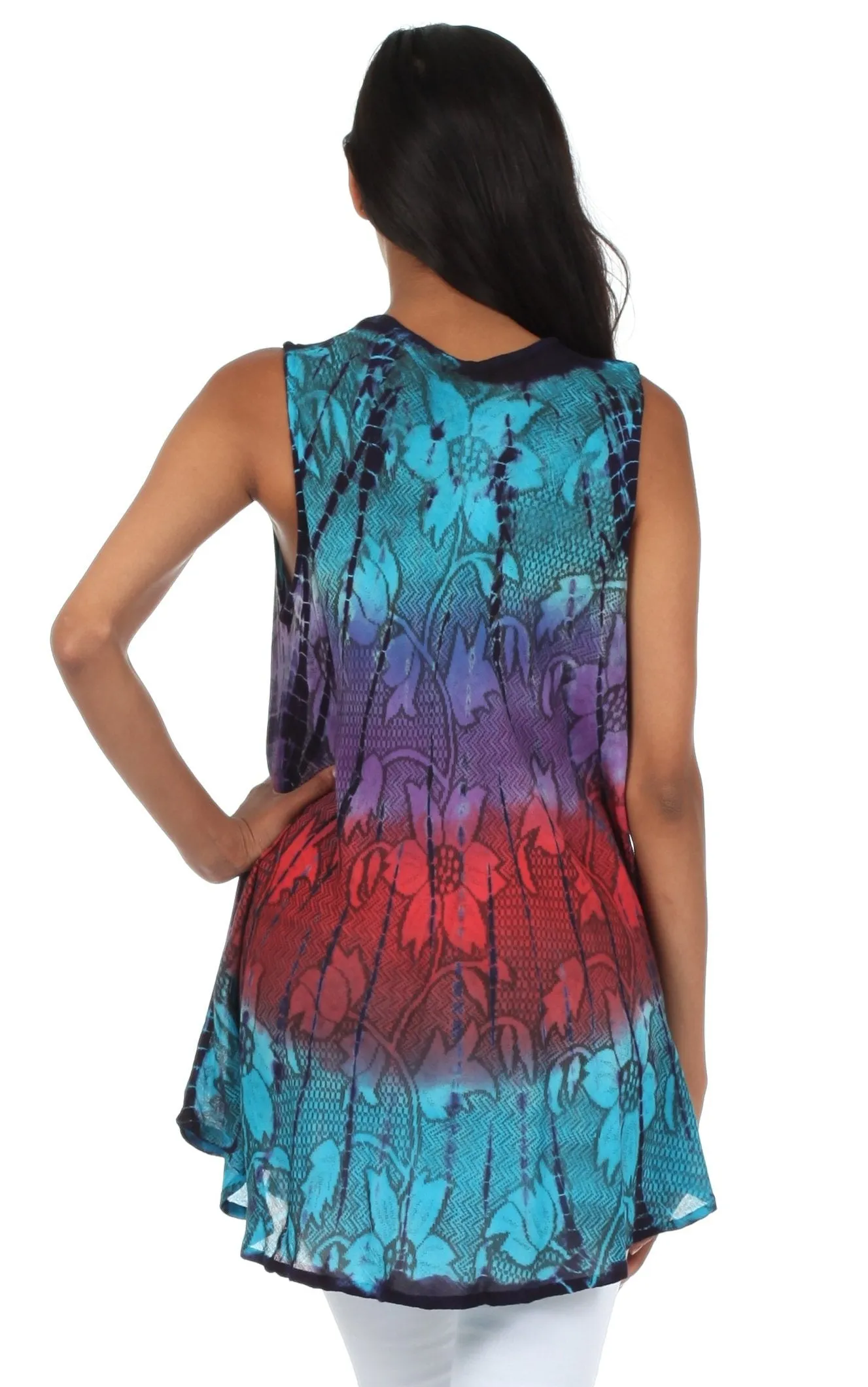 Sakkas Ombre Floral Tie Dye Flared Hem Sleeveless Rayon Tunic Blouse