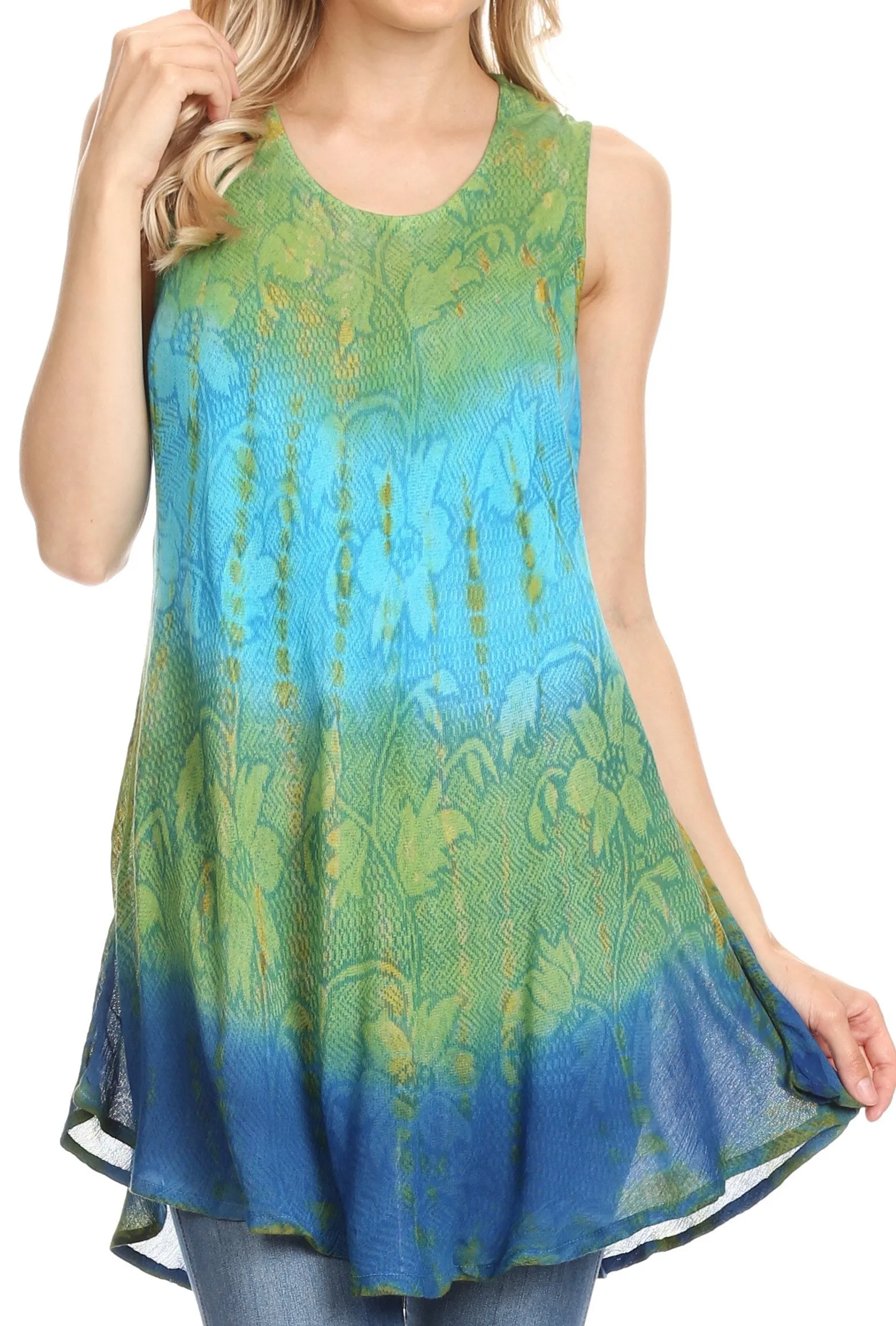 Sakkas Ombre Floral Tie Dye Flared Hem Sleeveless Rayon Tunic Blouse