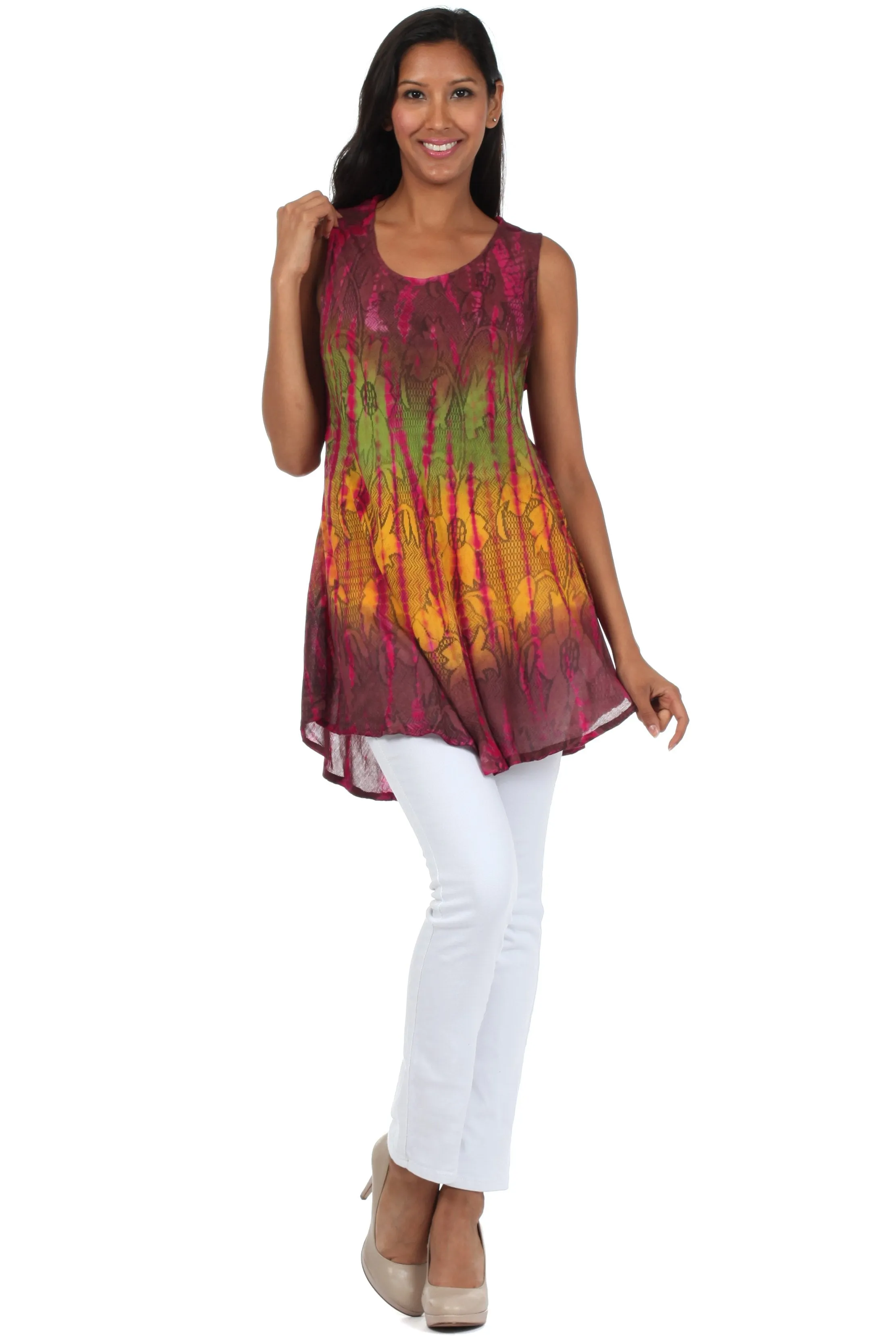 Sakkas Ombre Floral Tie Dye Flared Hem Sleeveless Rayon Tunic Blouse