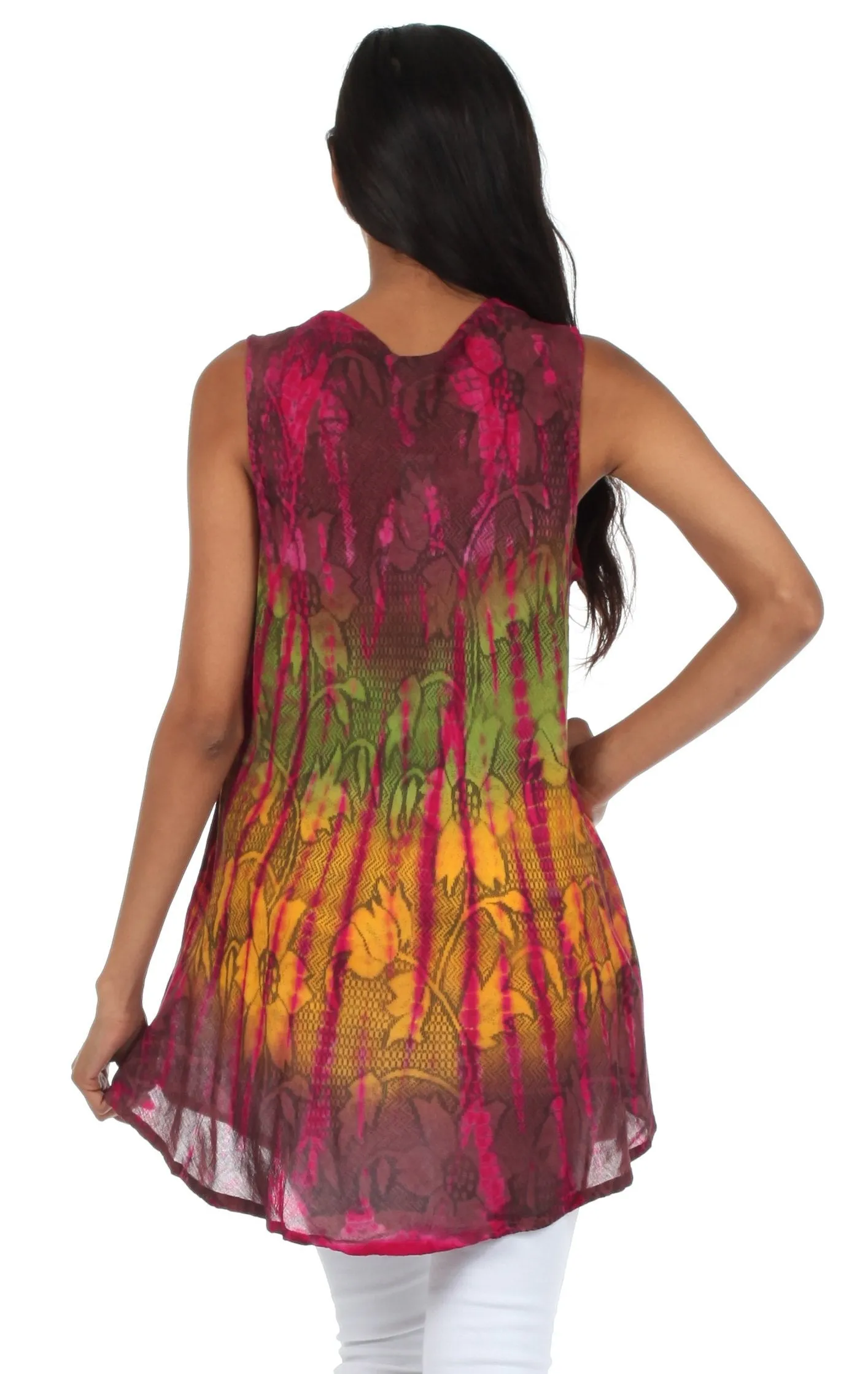 Sakkas Ombre Floral Tie Dye Flared Hem Sleeveless Rayon Tunic Blouse