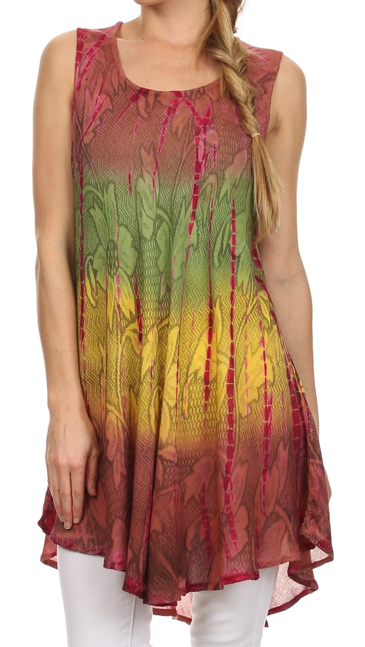 Sakkas Ombre Floral Tie Dye Flared Hem Sleeveless Rayon Tunic Blouse