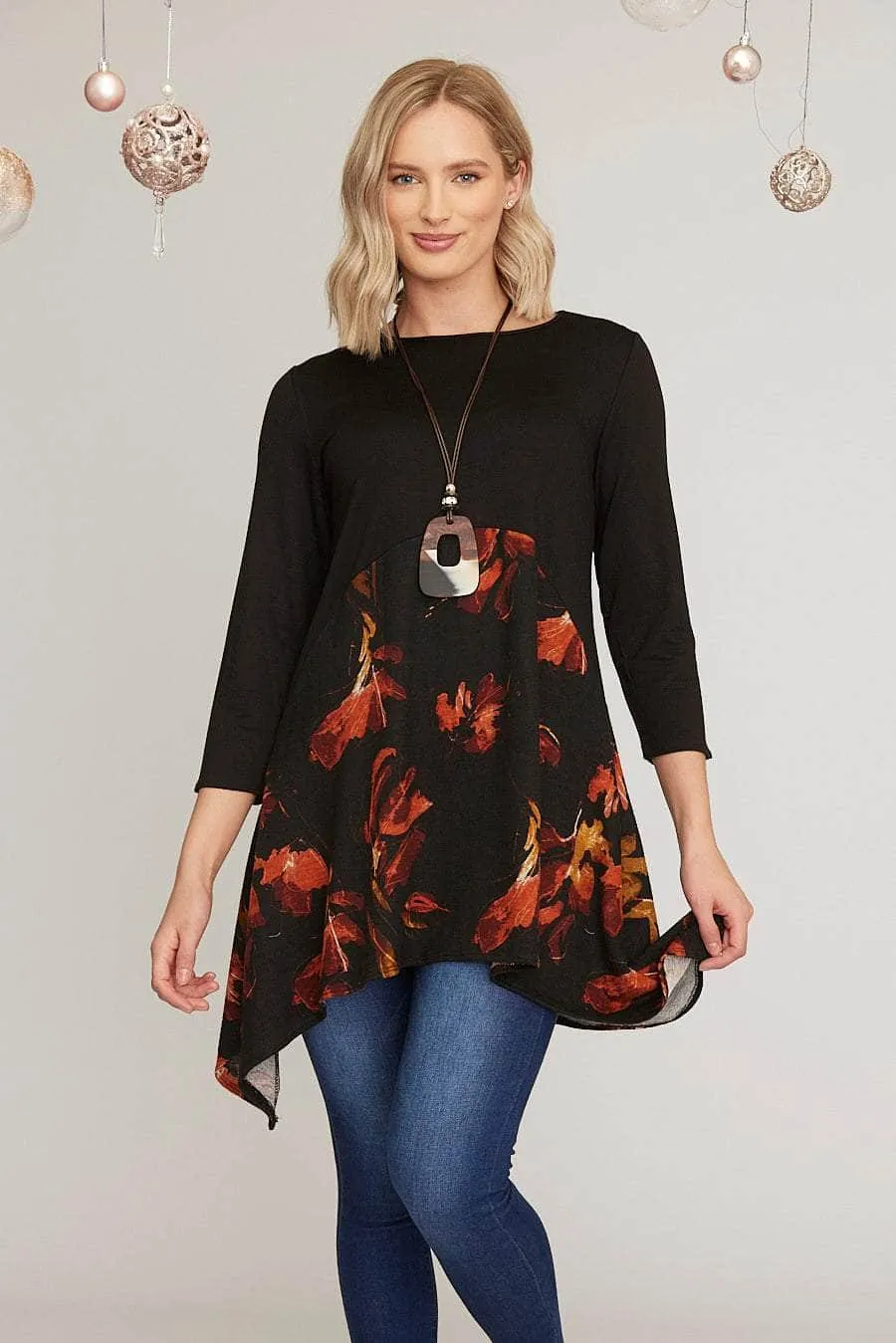 Saloos Autumn Leaves Print Tunic Dress with Necklace