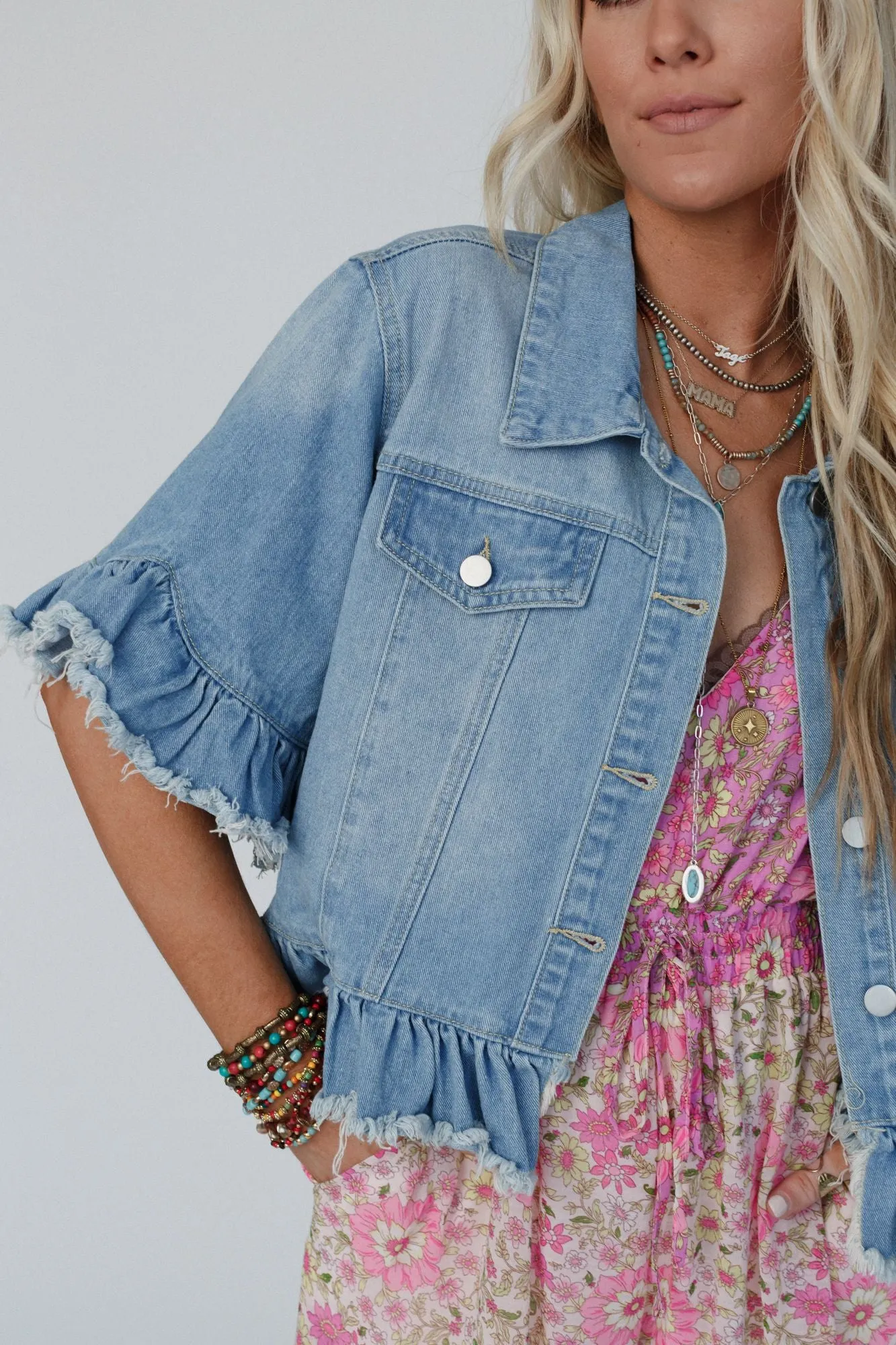 Scottie Ruffle Denim Jacket - Light Denim