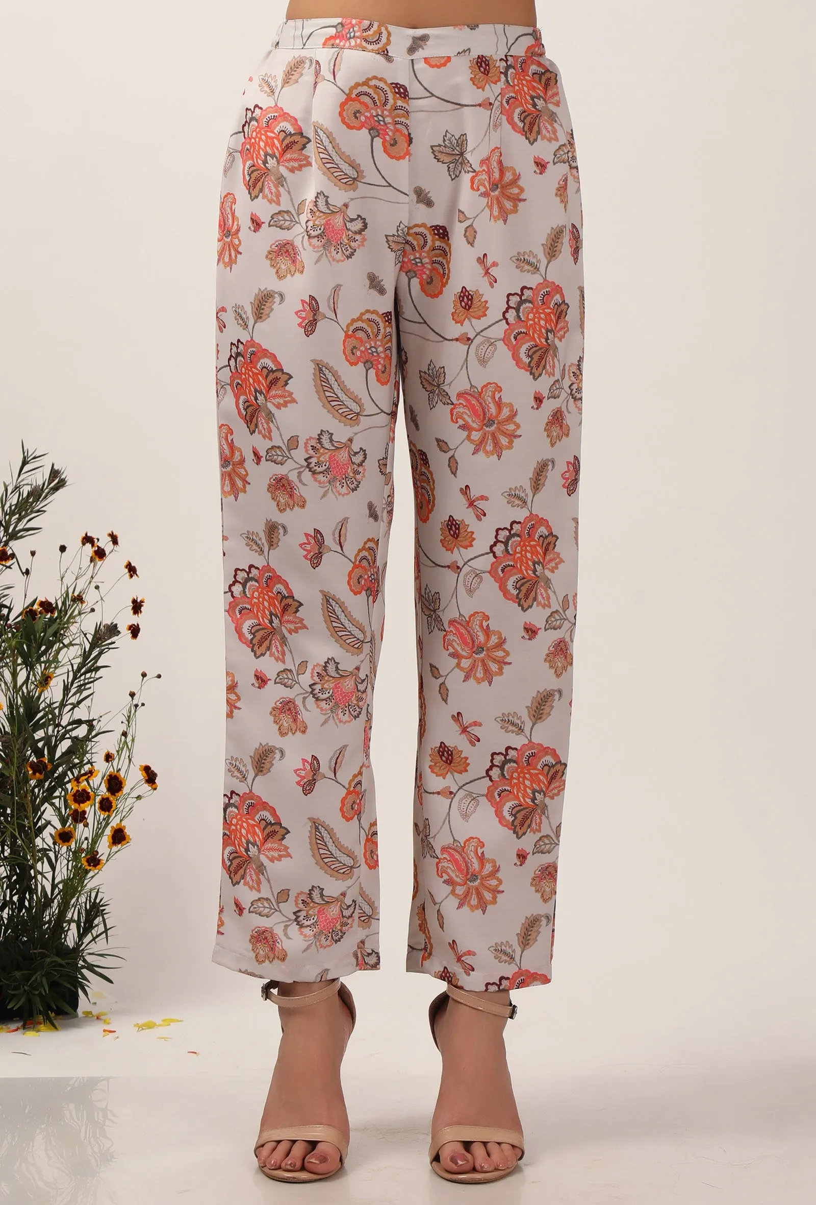 Set Of 2: Cara Floral Chintz Box Plated Tunic With Narrow Fit Pants