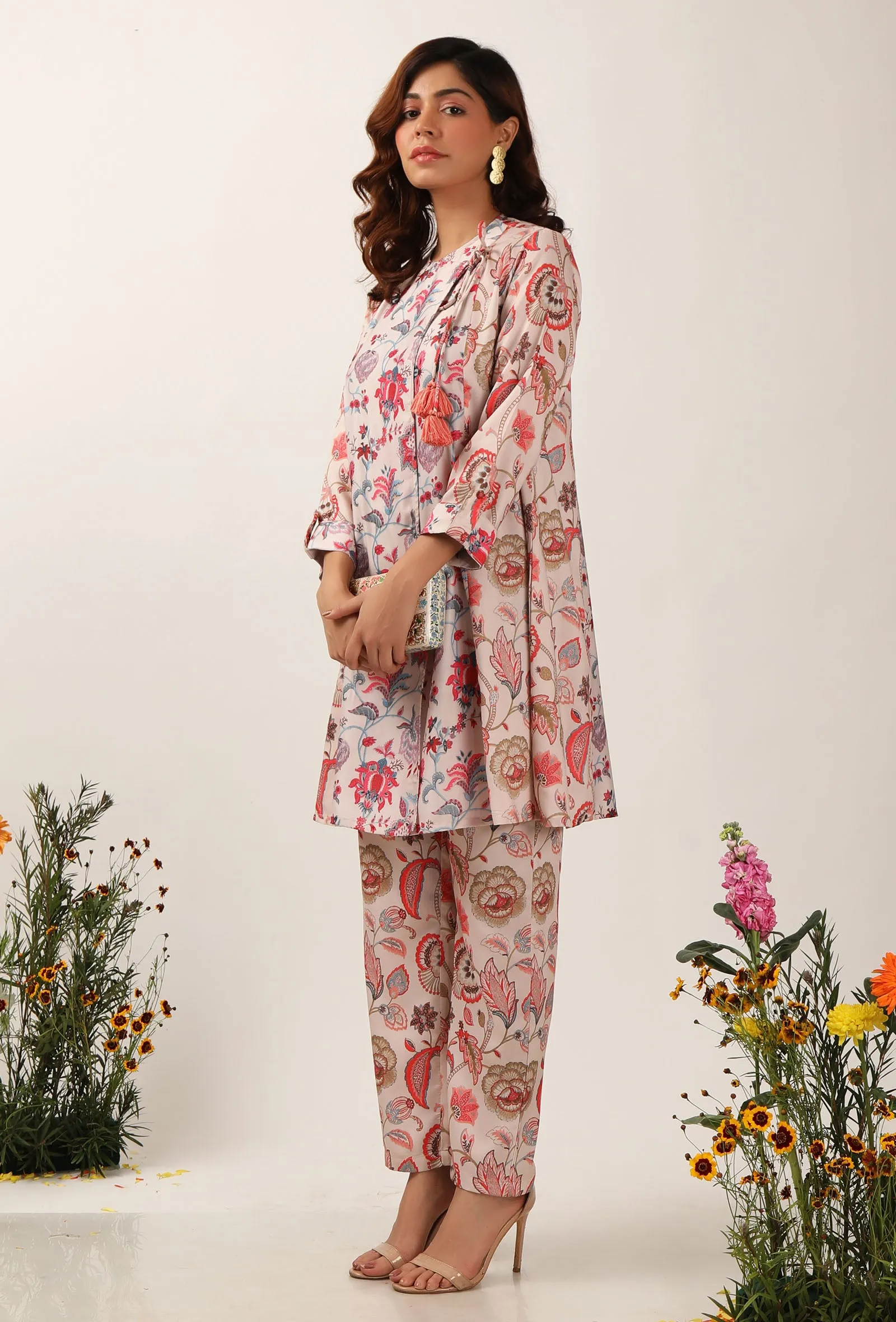 Set Of 2: Cara Floral Chintz Wrap Tunic With Narrow Fit Pants