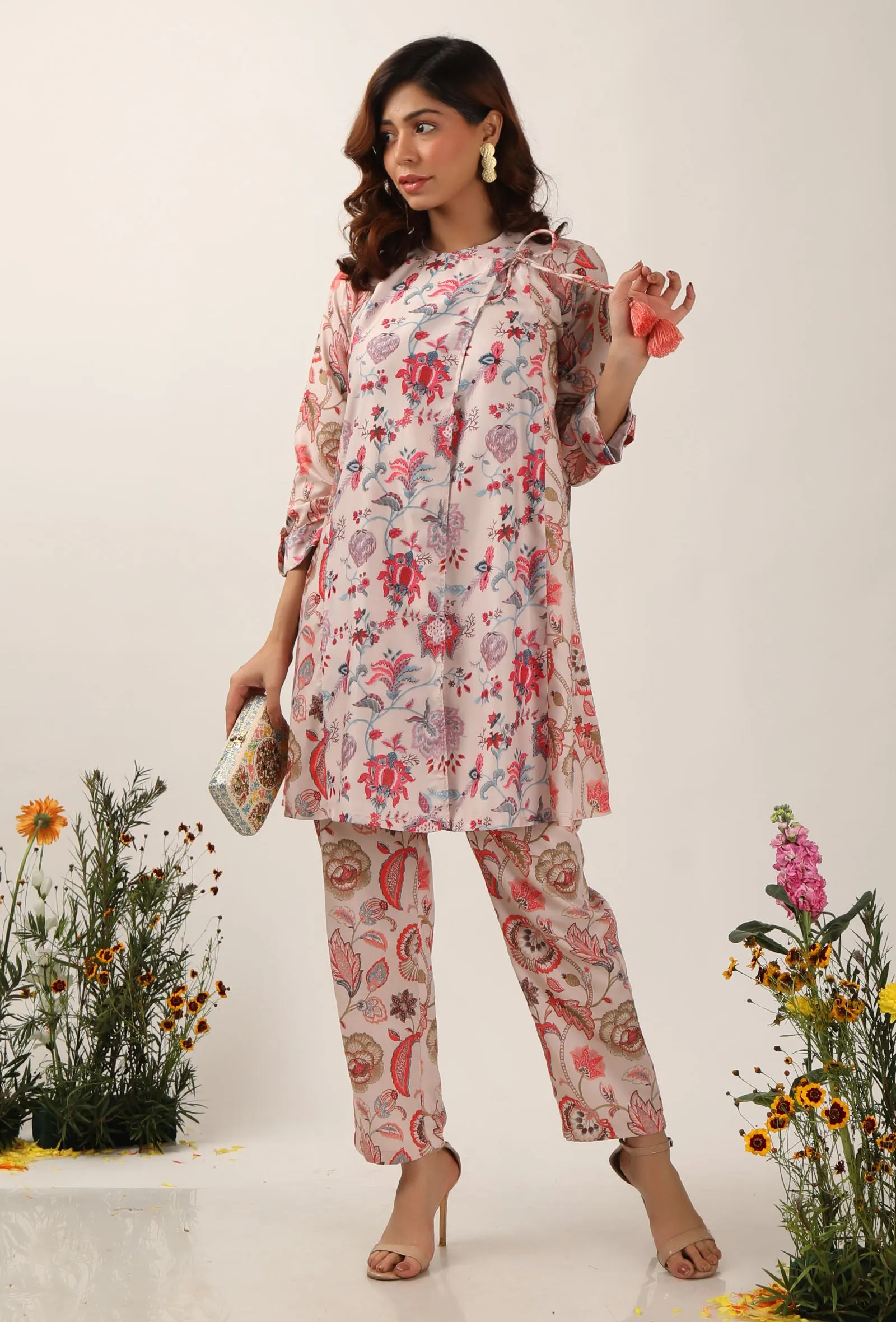 Set Of 2: Cara Floral Chintz Wrap Tunic With Narrow Fit Pants