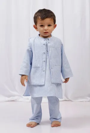 Set of 3: Blue striped Cotton Kurta and Pajama with Nehru Jacket