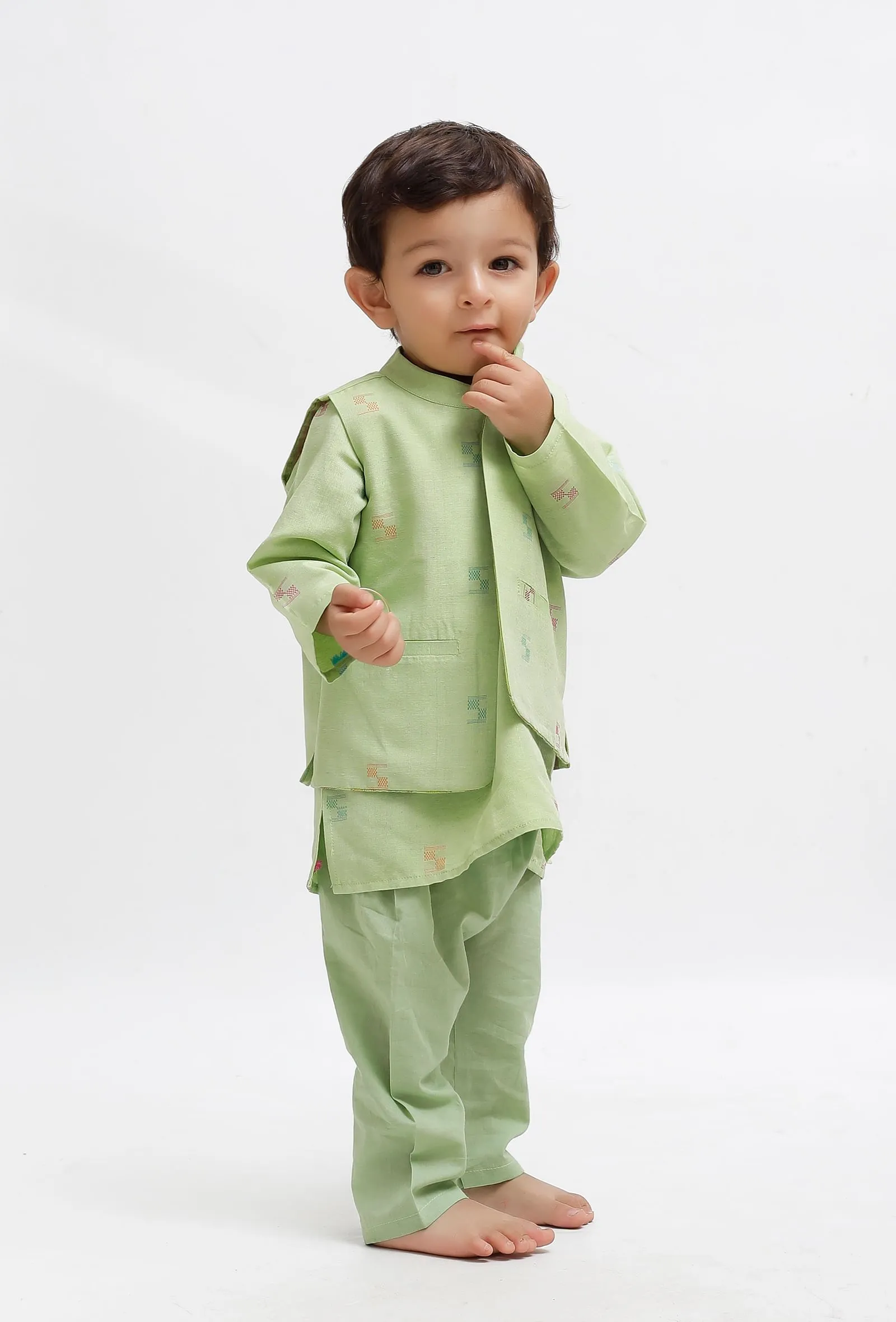 Set Of 3:  Green Dobby Kurta and Green Pant with Green Dobby Nehru Jacket