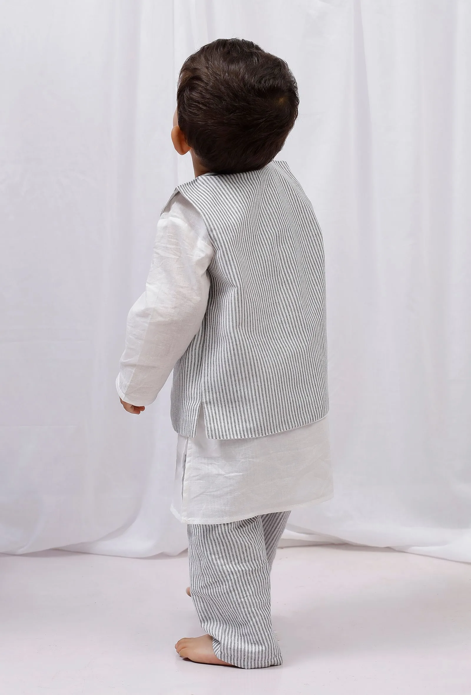 Set of 3: White striped Cotton Kurta and Pajama with Black Striped Nehru Jacket