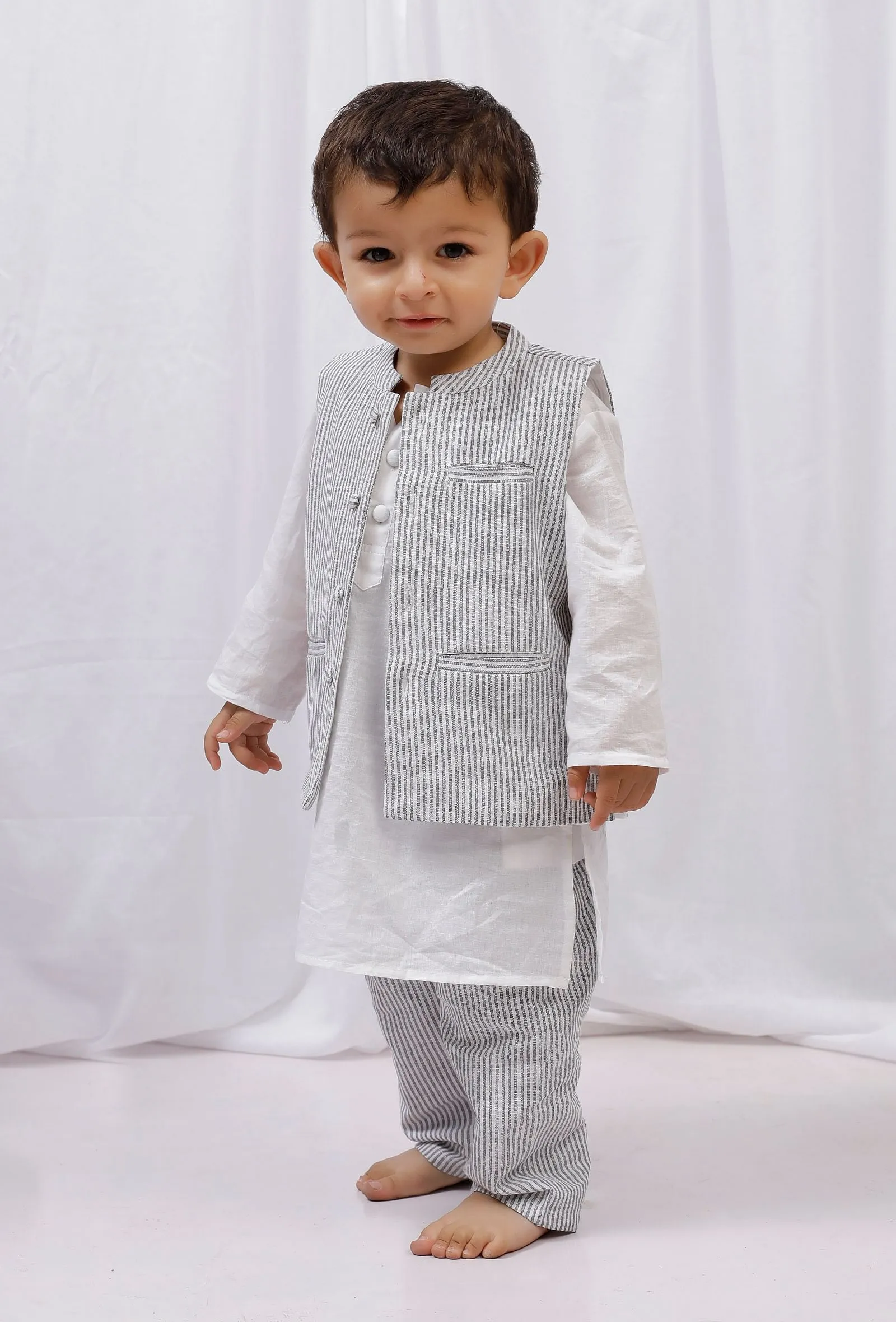 Set of 3: White striped Cotton Kurta and Pajama with Black Striped Nehru Jacket