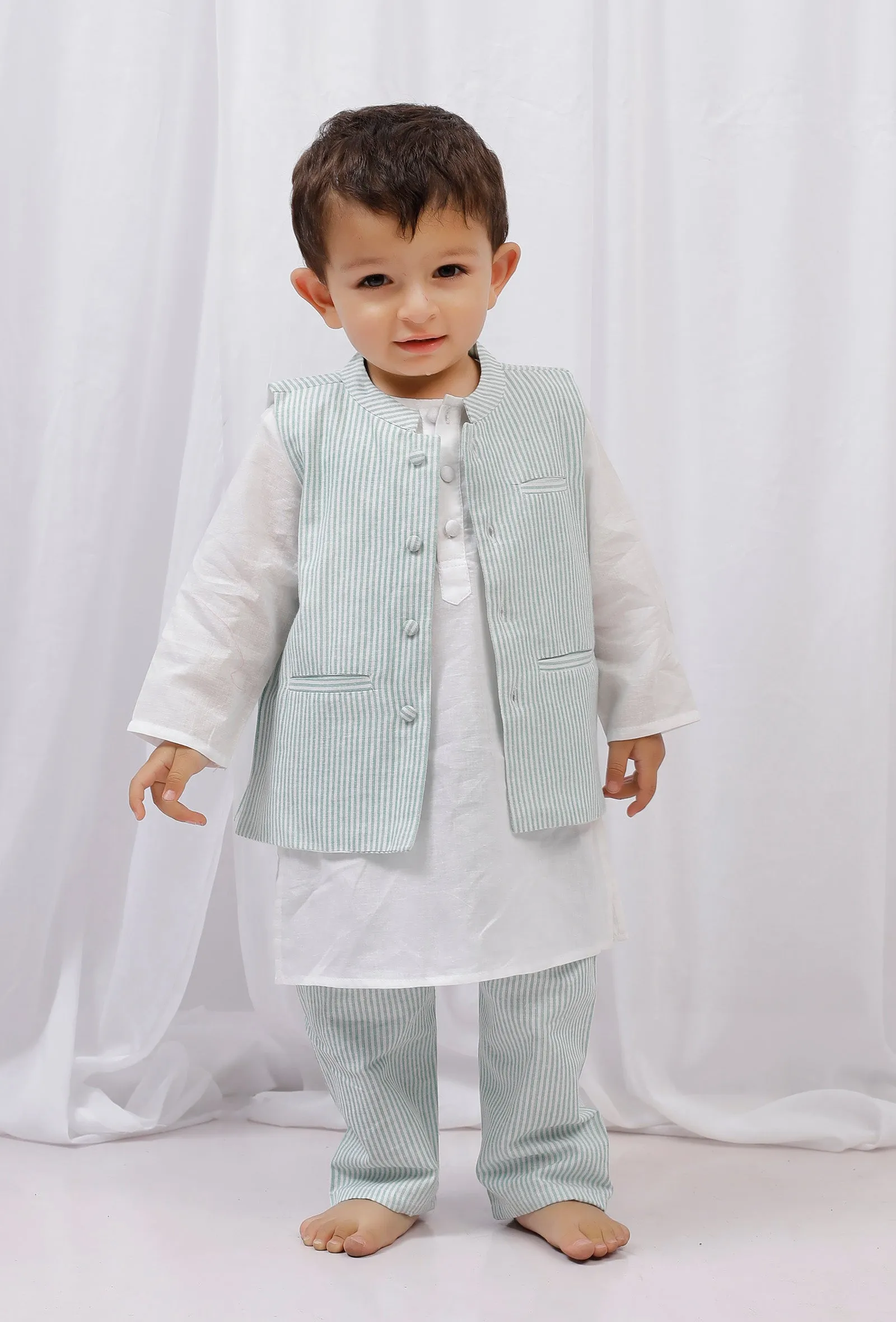 Set of 3: White striped Cotton Kurta and Pajama with Green Striped Nehru Jacket