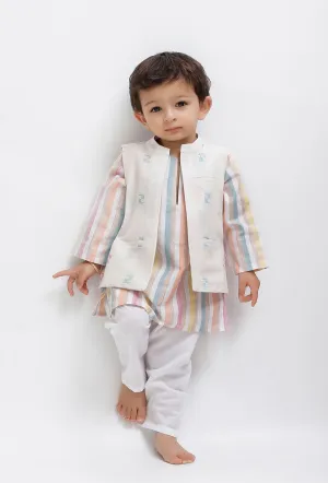 Set Of 3:  White Striped Kurta and White Pant with White Dobby Nehru Jacket