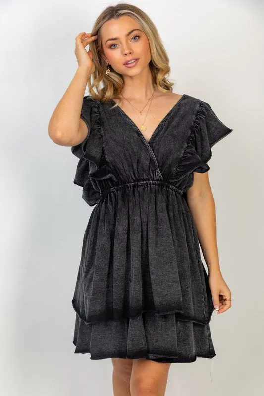 Short Flutter Sleeve Solid Knit Dress in Black