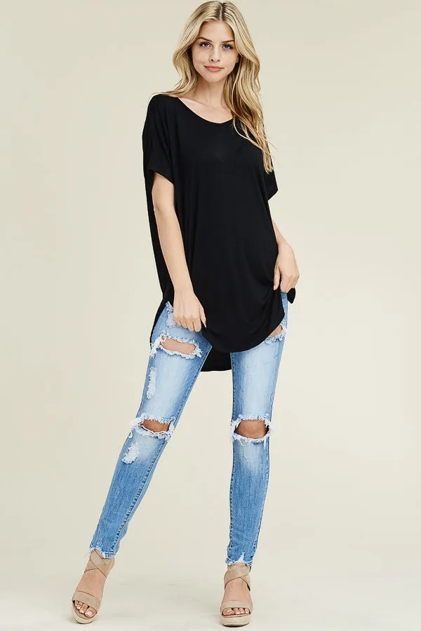 Short sleeve V-neck casual tunic with round hemline