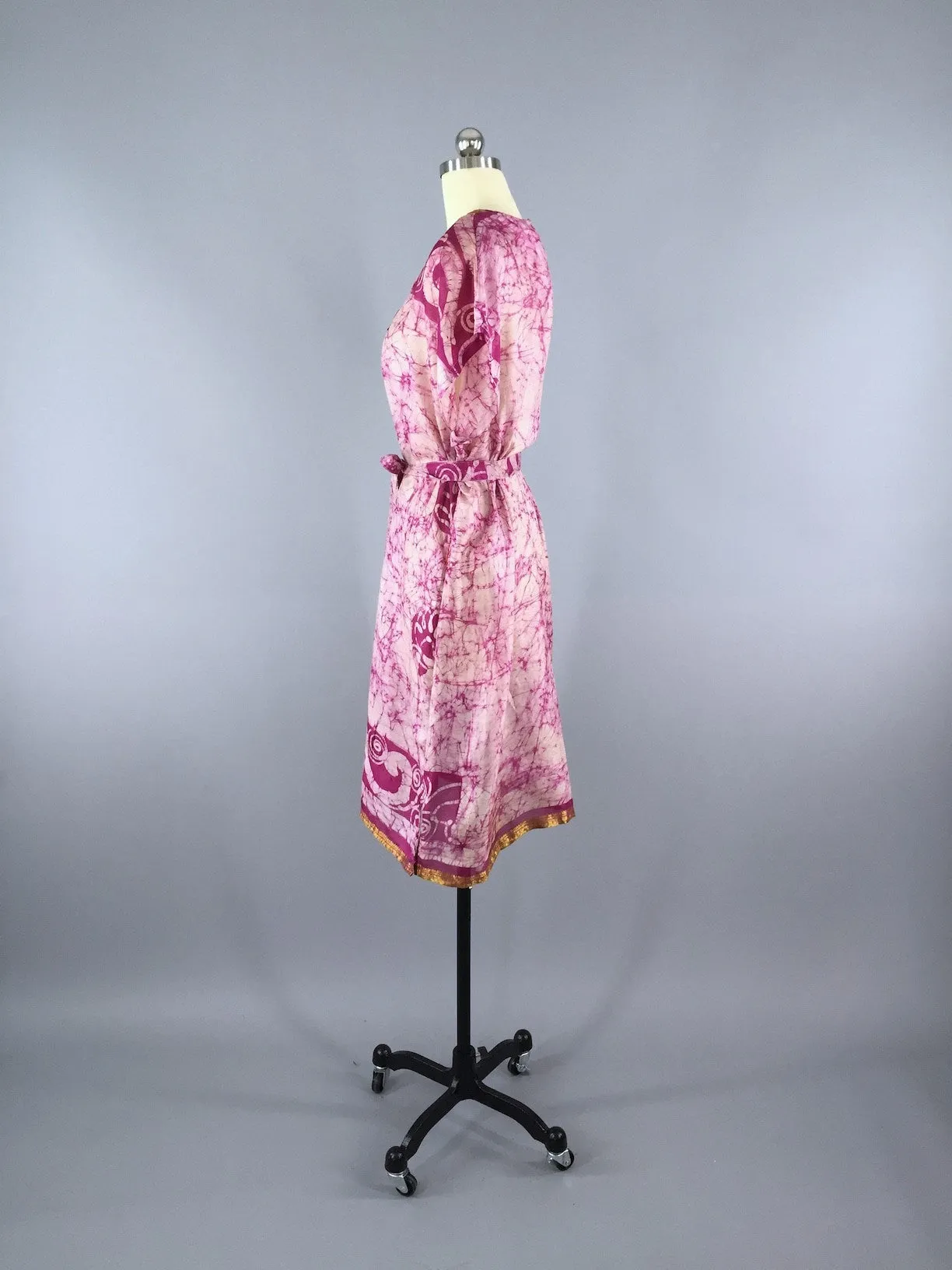 Silk Sari Kaftan Dress / Pink Batik