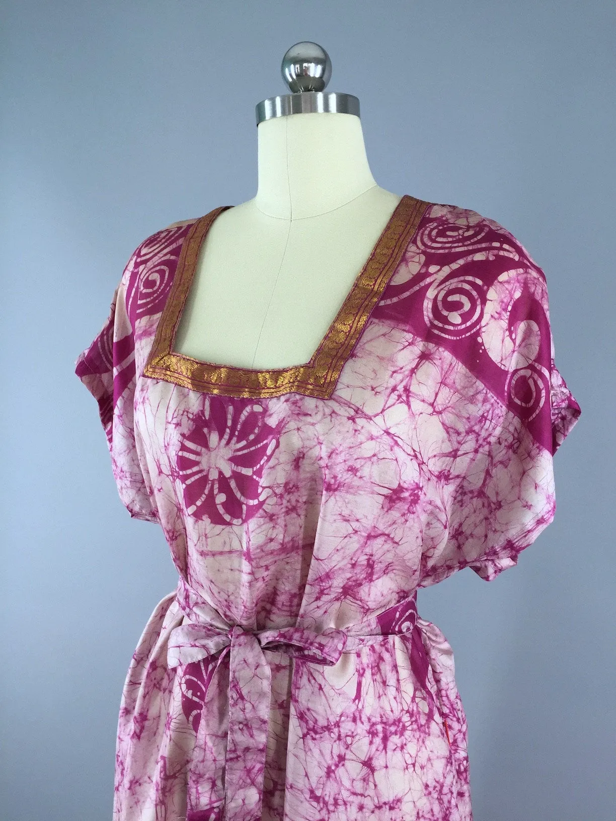 Silk Sari Kaftan Dress / Pink Batik