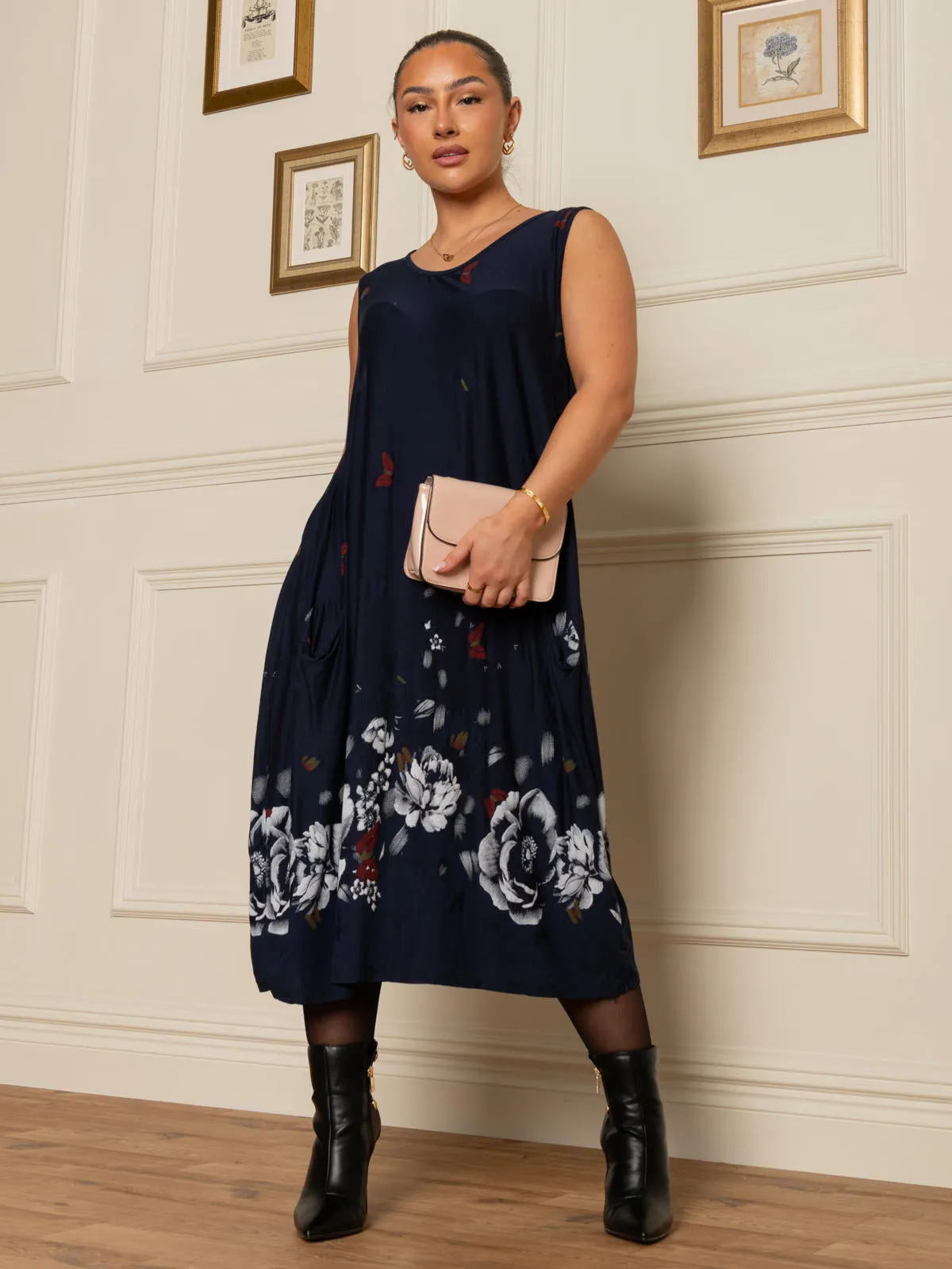 SLEEVELESS MIDI LENGTH TUNIC DRESS, Navy Multi