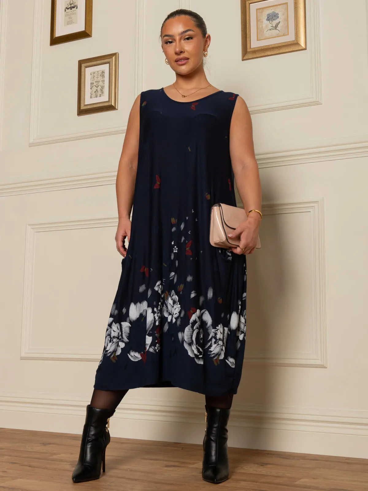 SLEEVELESS MIDI LENGTH TUNIC DRESS, Navy Multi