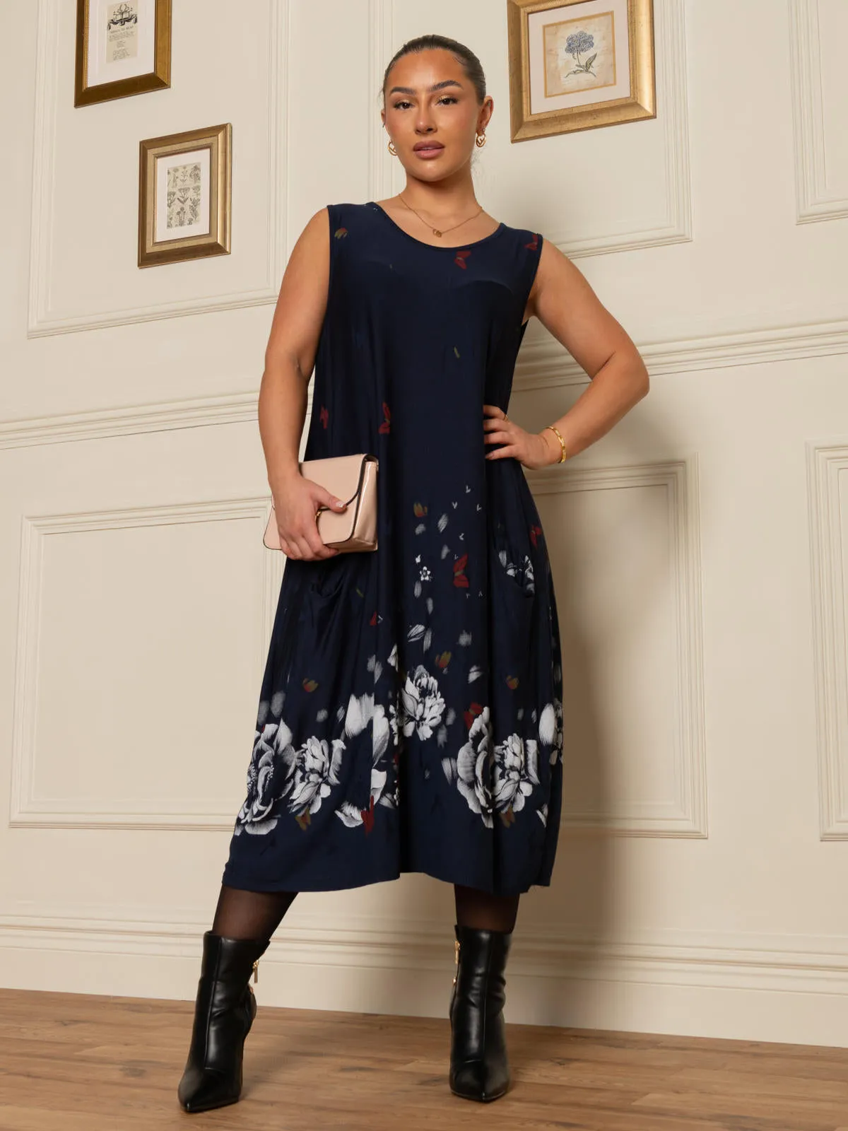 SLEEVELESS MIDI LENGTH TUNIC DRESS, Navy Multi