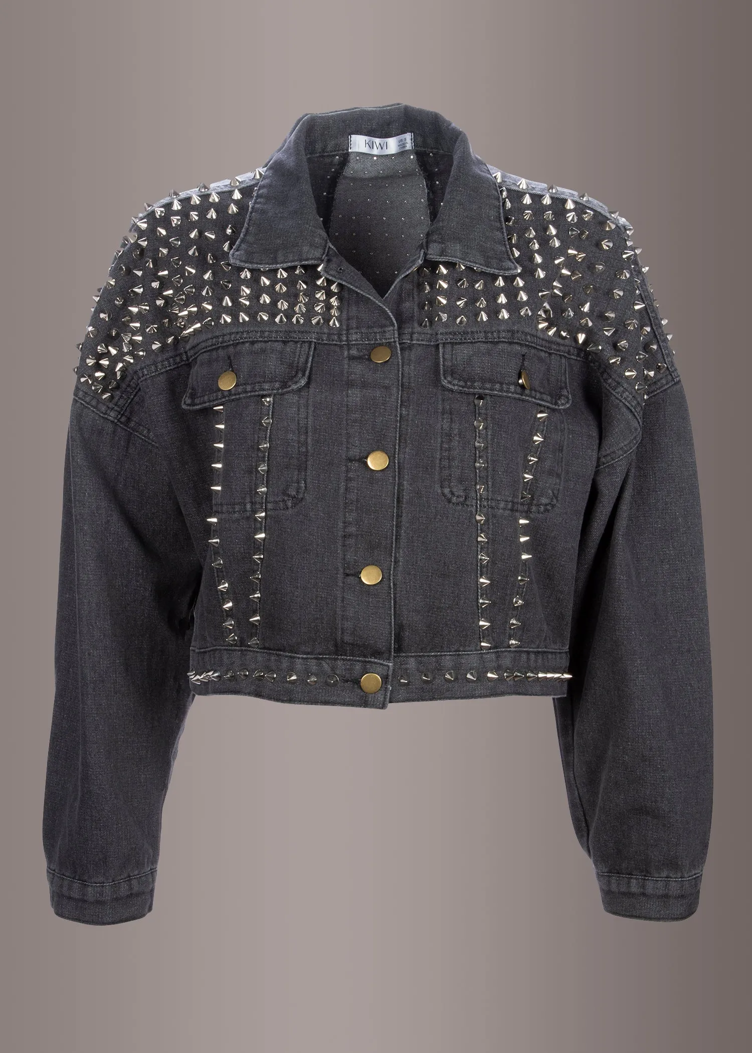 Slow Ride Cropped Distressed Black Denim Jacket with Studs