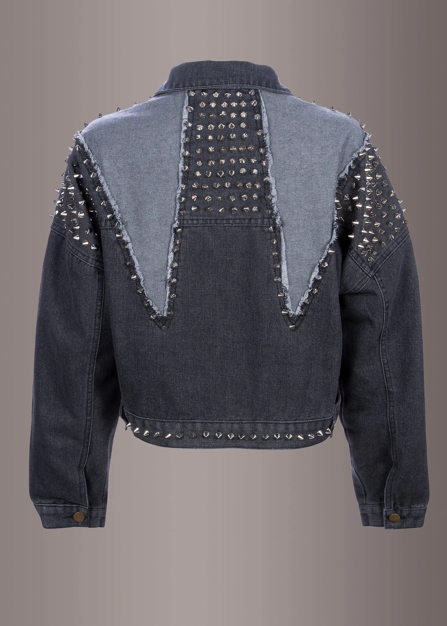 Slow Ride Cropped Distressed Black Denim Jacket with Studs