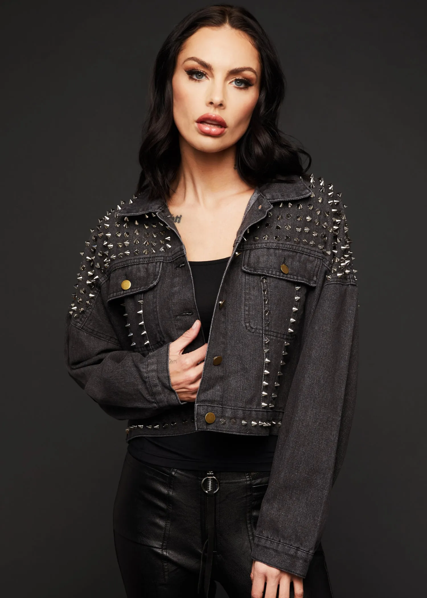 Slow Ride Cropped Distressed Black Denim Jacket with Studs