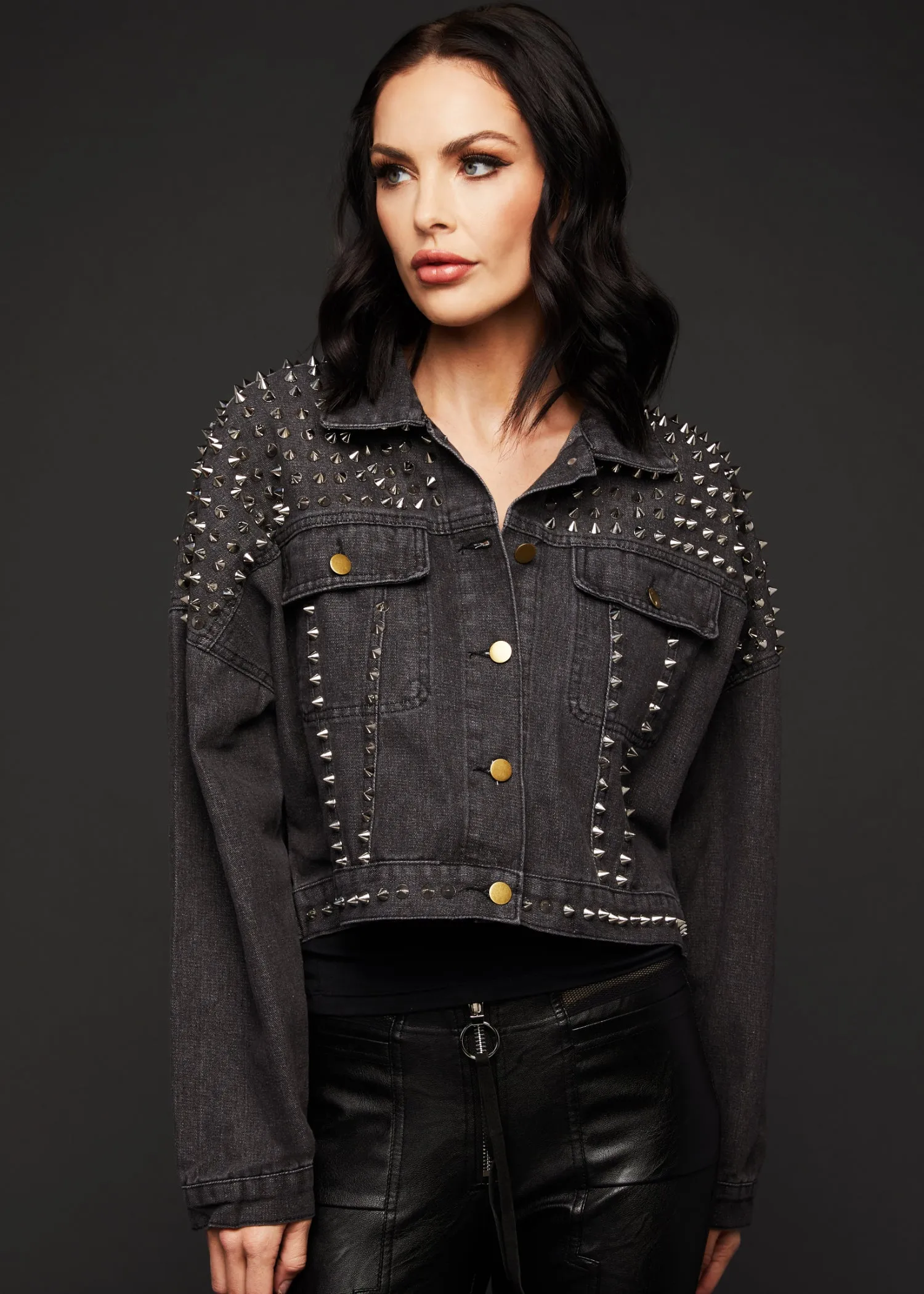 Slow Ride Cropped Distressed Black Denim Jacket with Studs