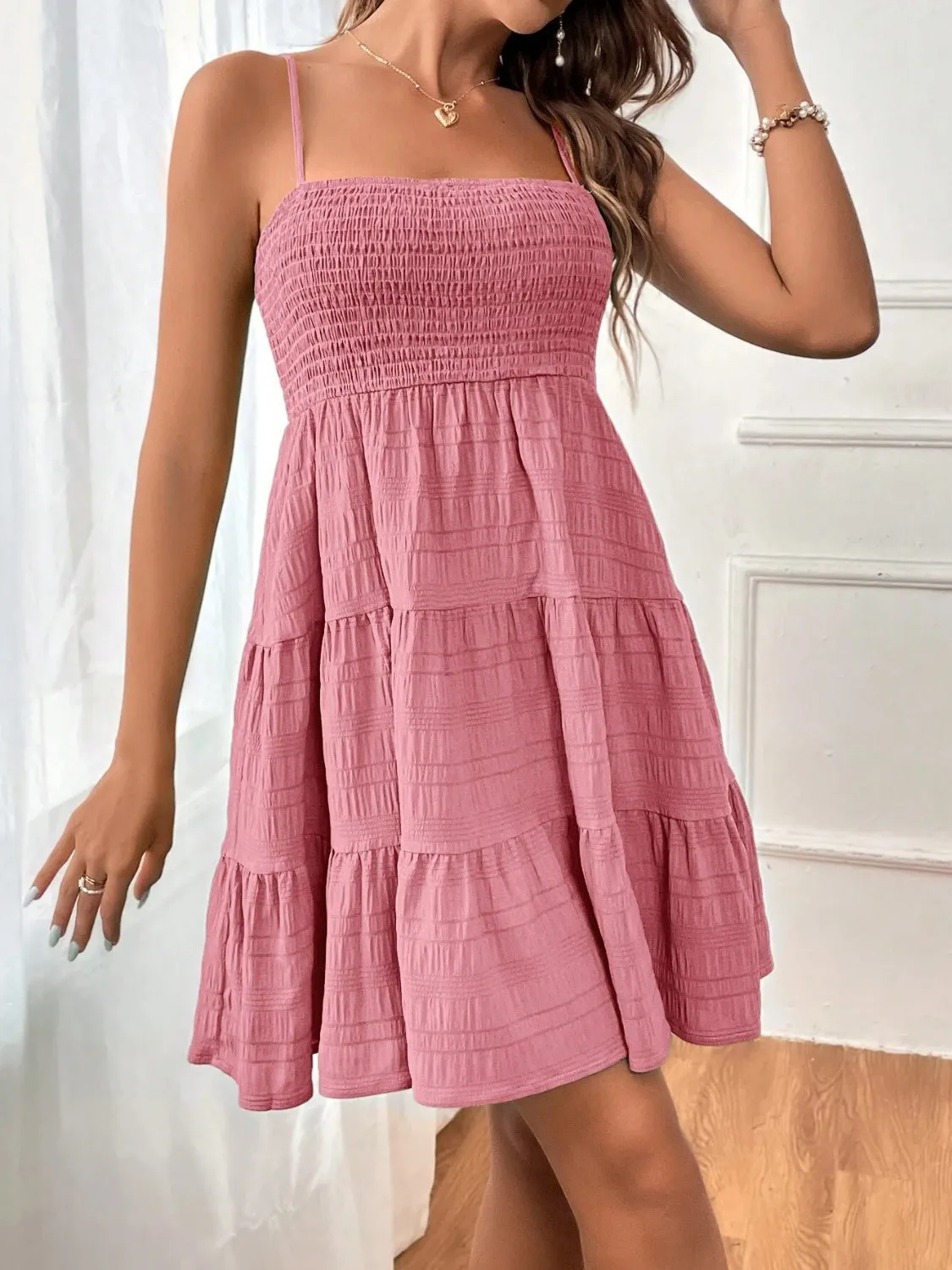 Smocked Tiered Sleeveless Mini Dress - 100% Polyester, Opaque, Chic Summer Style