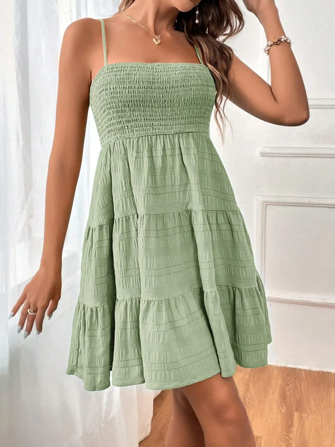 Smocked Tiered Sleeveless Mini Dress - 100% Polyester, Opaque, Chic Summer Style