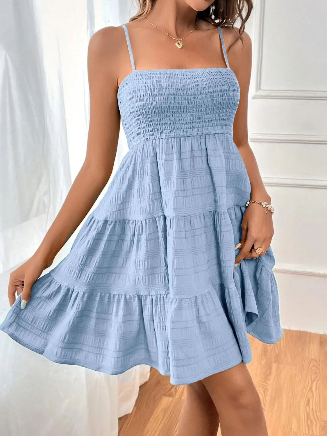 Smocked Tiered Sleeveless Mini Dress - 100% Polyester, Opaque, Chic Summer Style