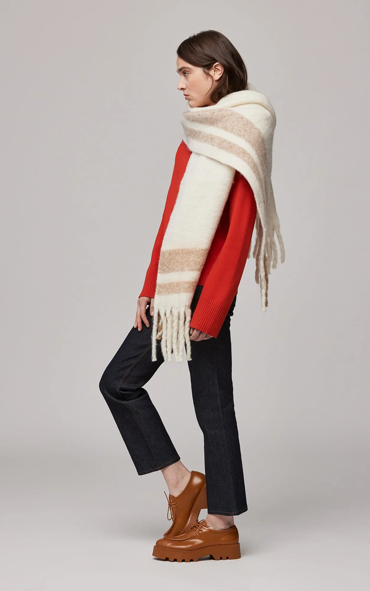 SOIA&KYO JESSI - Contrast Color Knit Blanket Scarf With Fringed Edge