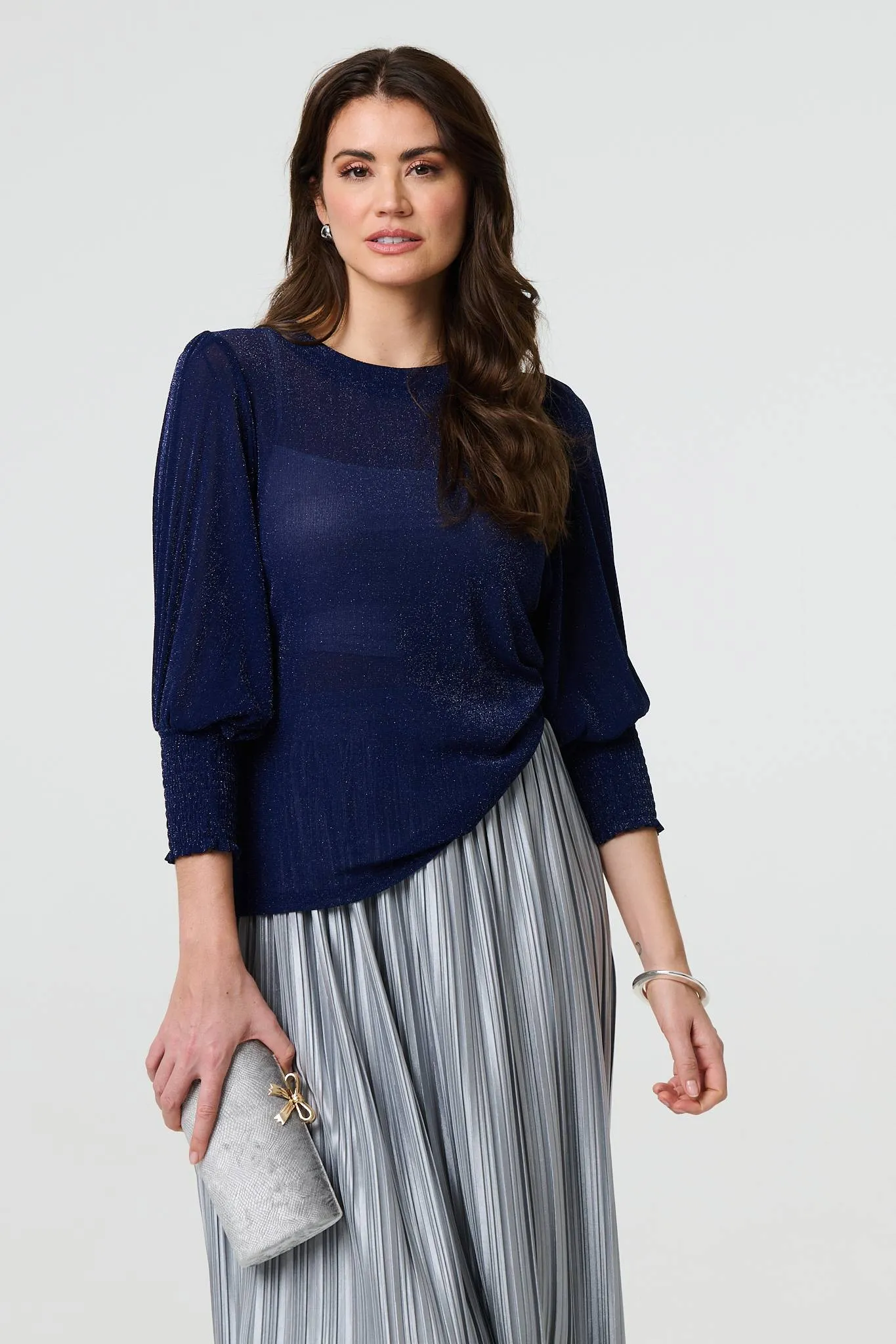 Sparkly 3/4 Puff Sleeve Mesh Top