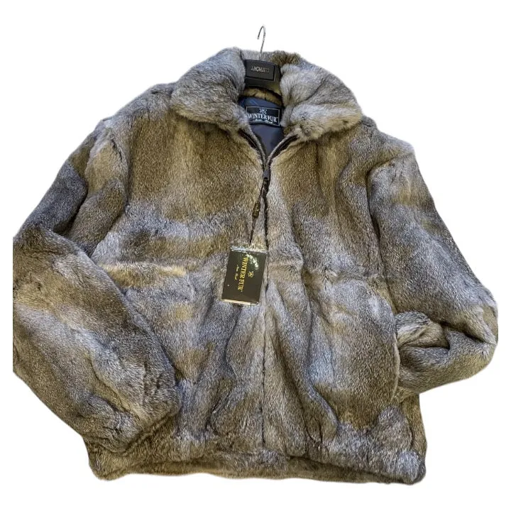 Stone Grey Fur Coat Men's Rabbit Fur Hooded Bomber Jacket for Men by Winter Fur