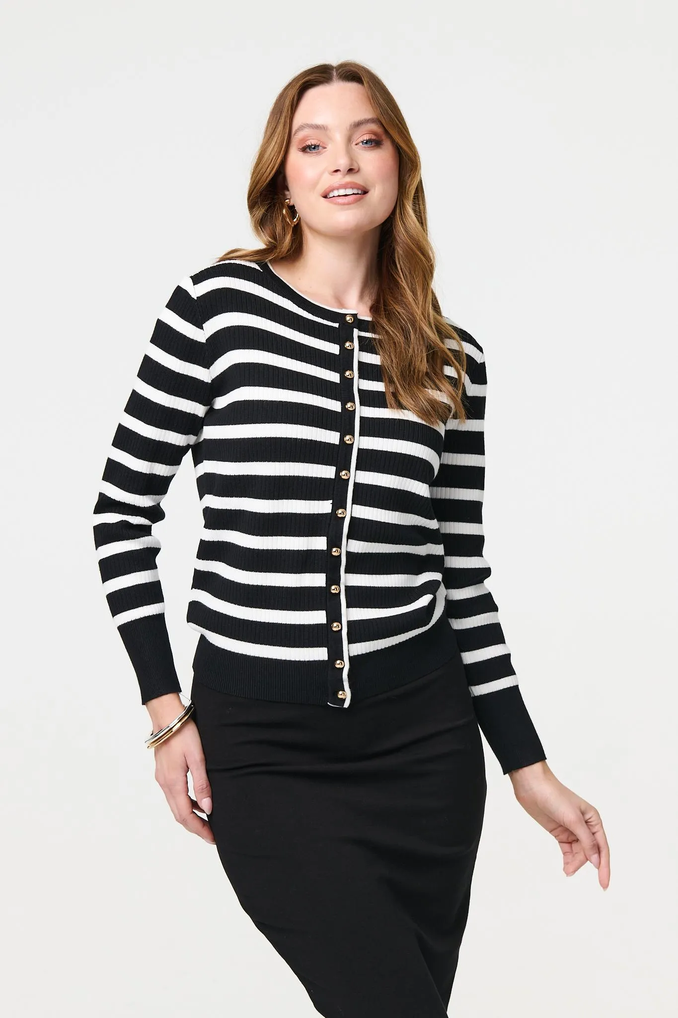 Stripe Print Button-Up Knit Cardigan