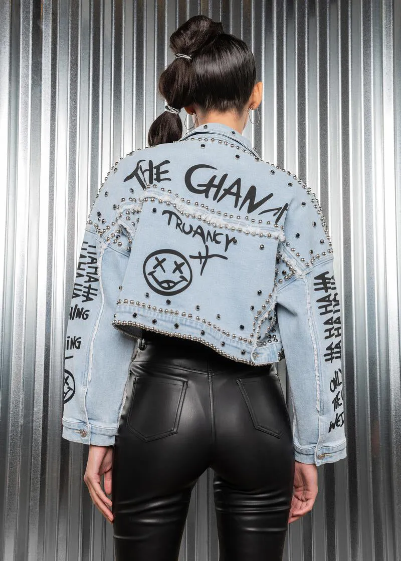 Studded Denim Jacket with Graffiti Design