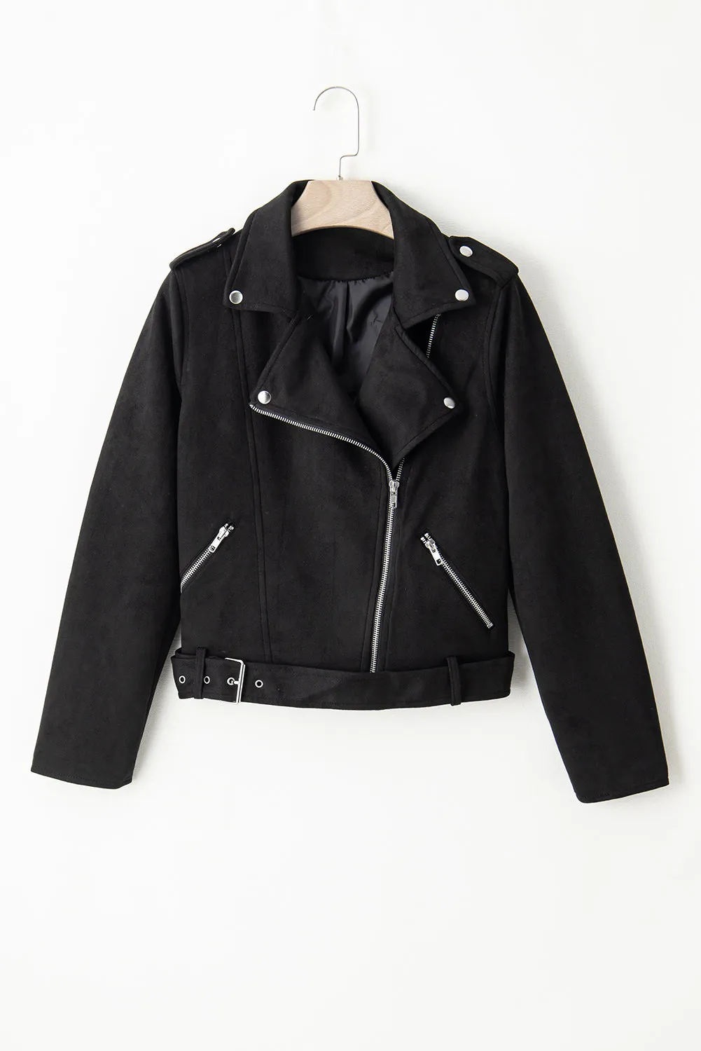 Suede Zip-Up Belted Motorcycle Jacket