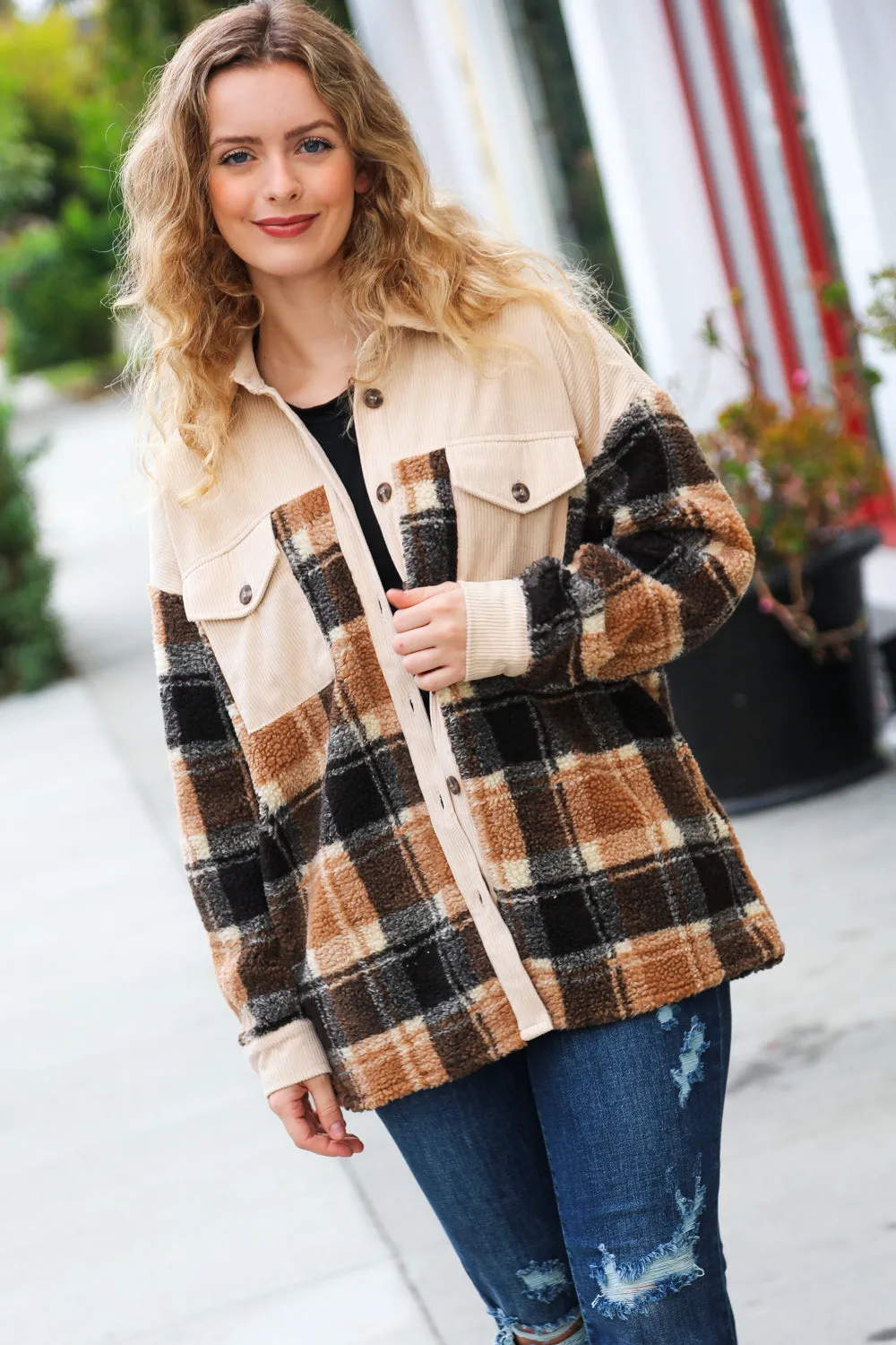 Taupe Corduroy & Plaid Sherpa Button Jacket