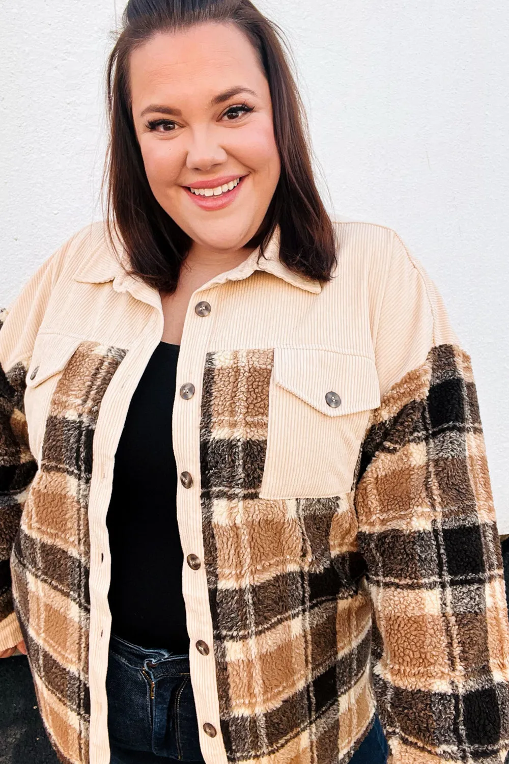 Taupe Corduroy & Plaid Sherpa Button Jacket