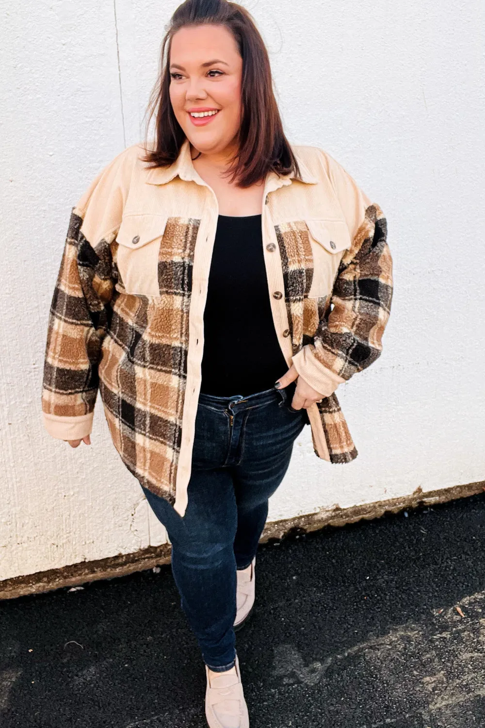 Taupe Corduroy & Plaid Sherpa Button Jacket