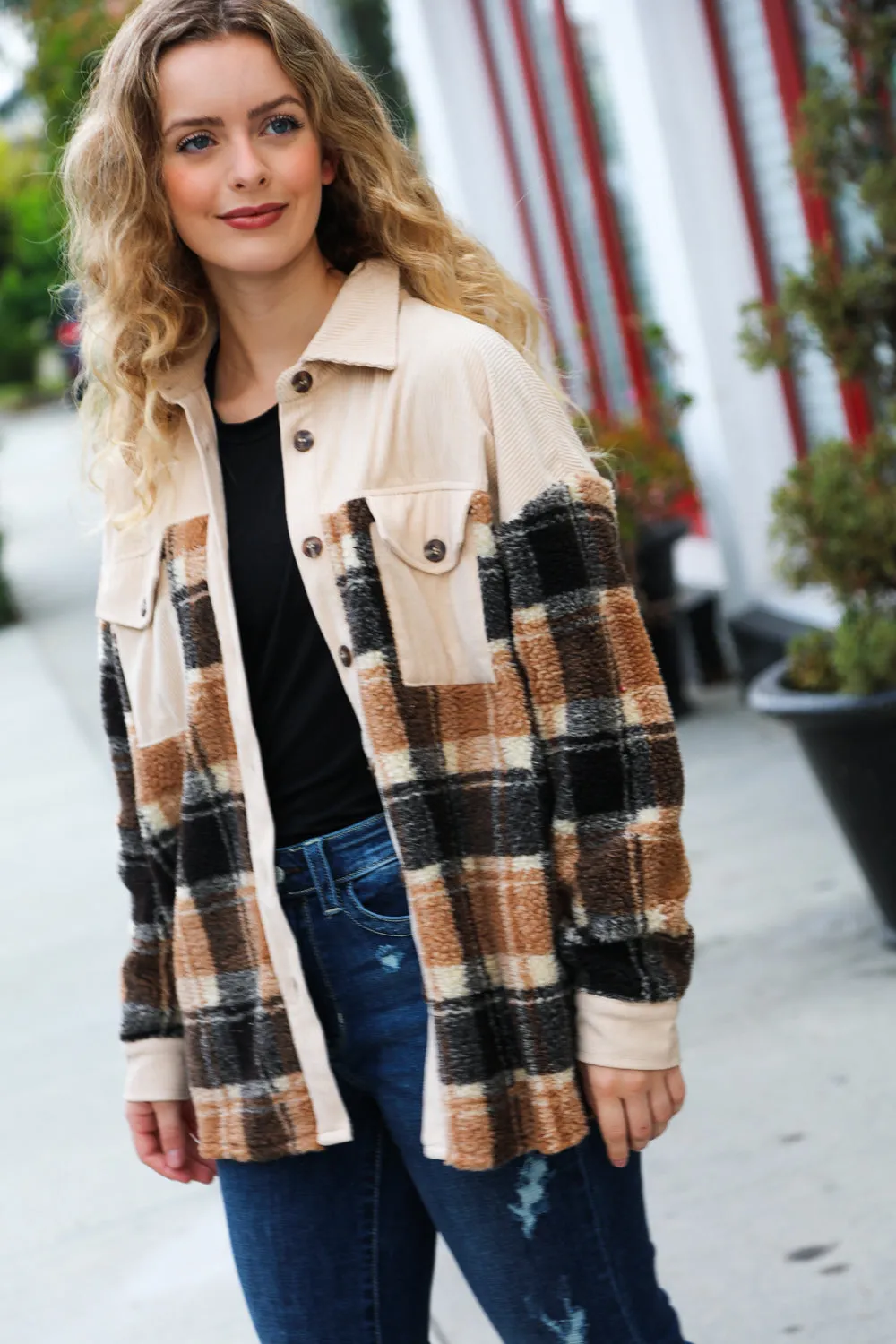 Taupe Corduroy & Plaid Sherpa Button Jacket