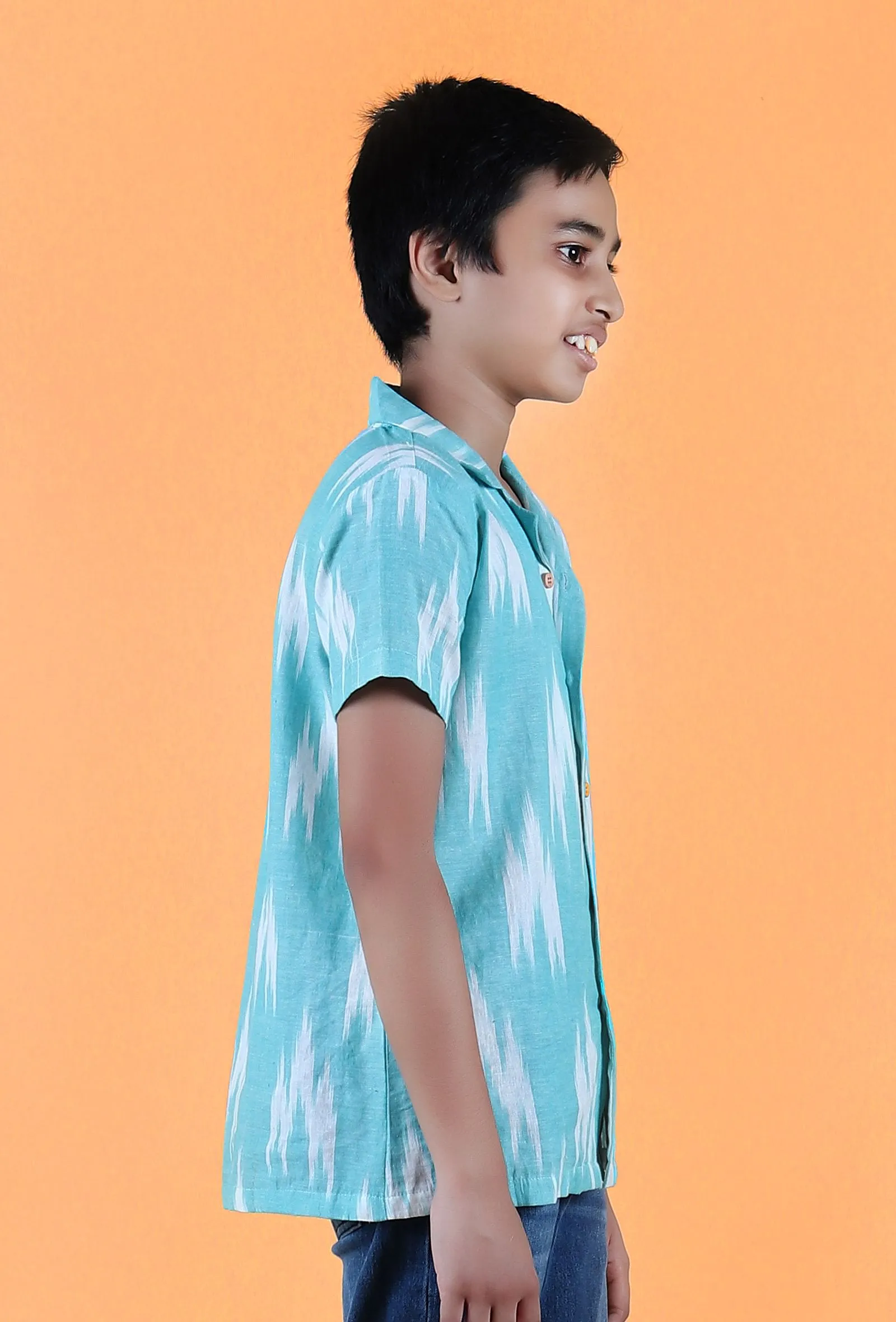 Teal Blue Ikat Cotton Shirt