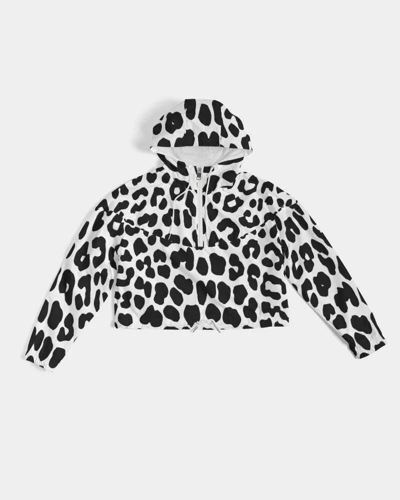 Uniquely You Women's Cropped Windbreaker Jacket - Black/White Leopard Print